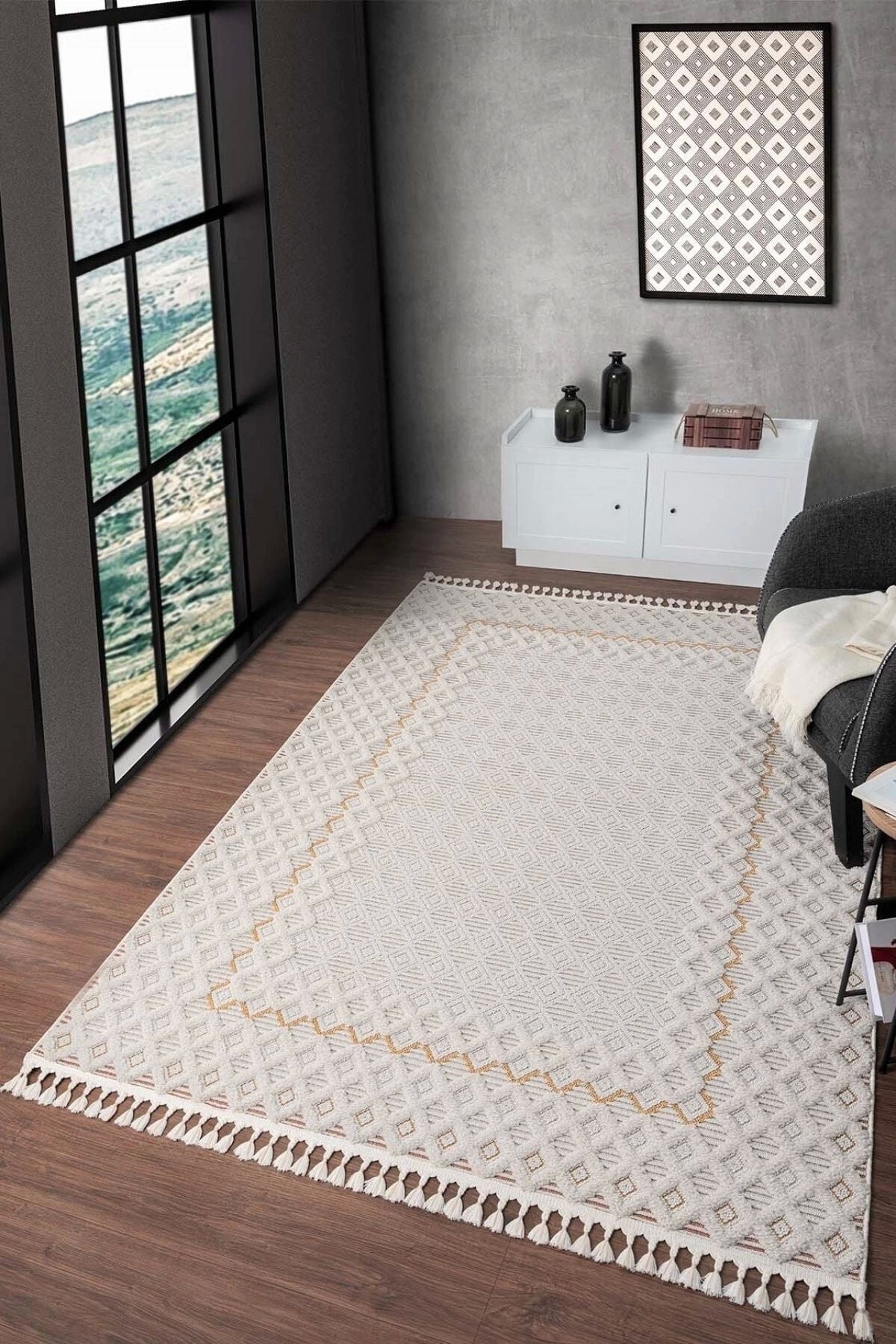 Cream Modern Woven Carpet Living Room Salon Kitchen Carpet