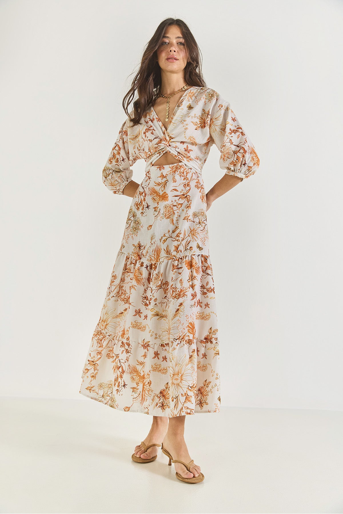 Women's Window Detailed Patterned Long Linen Dress 3025 60283273