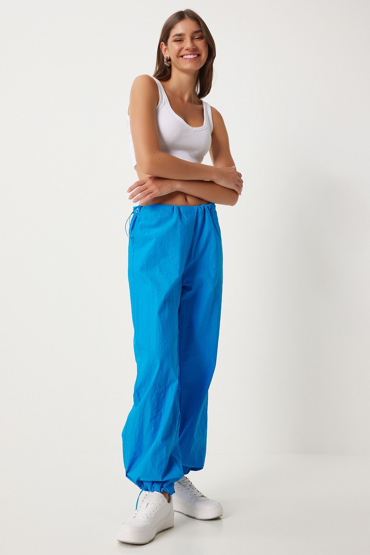 Women's Blue Pocket Parachute Shalwar Pants FN03274