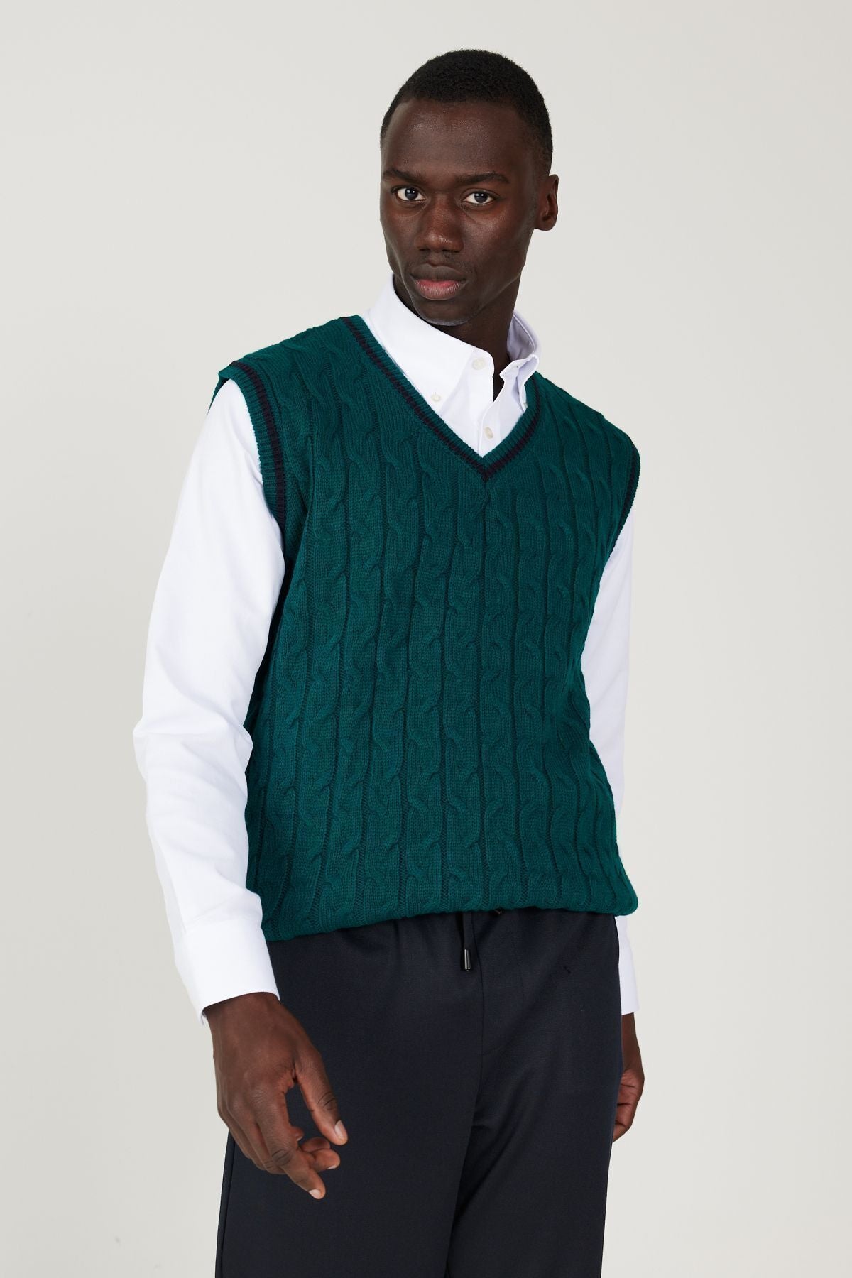 Men's Green Standard Fit Normal Cut V -Neck Knitwear Süveter