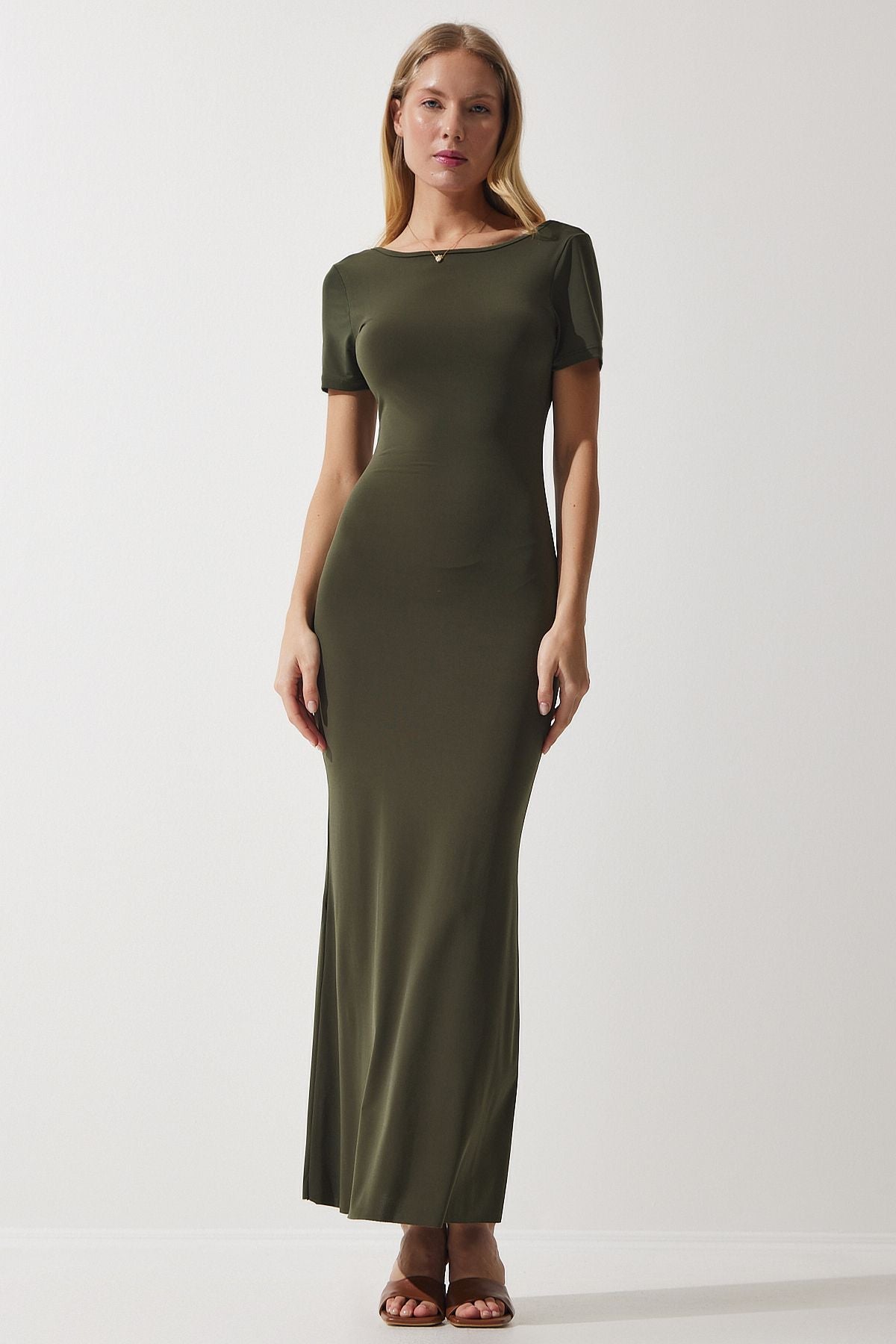 Woman Khaki Back Long Sandy Knitting Dress DZ00115