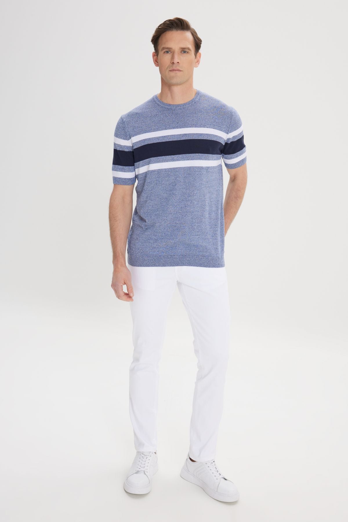Men's Indigo-Lacivert Standard Fit Normal Normal Cut 100 %Cotton Striped Bicycle Yaka Triko T-shirt