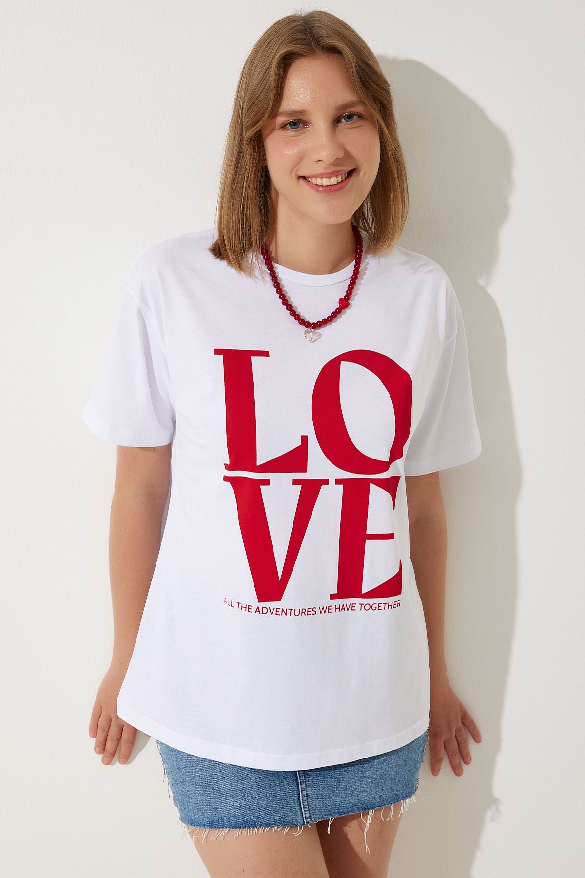 Kadın Beyaz Baskılı Oversize Pamuklu T-Shirt NJ00150