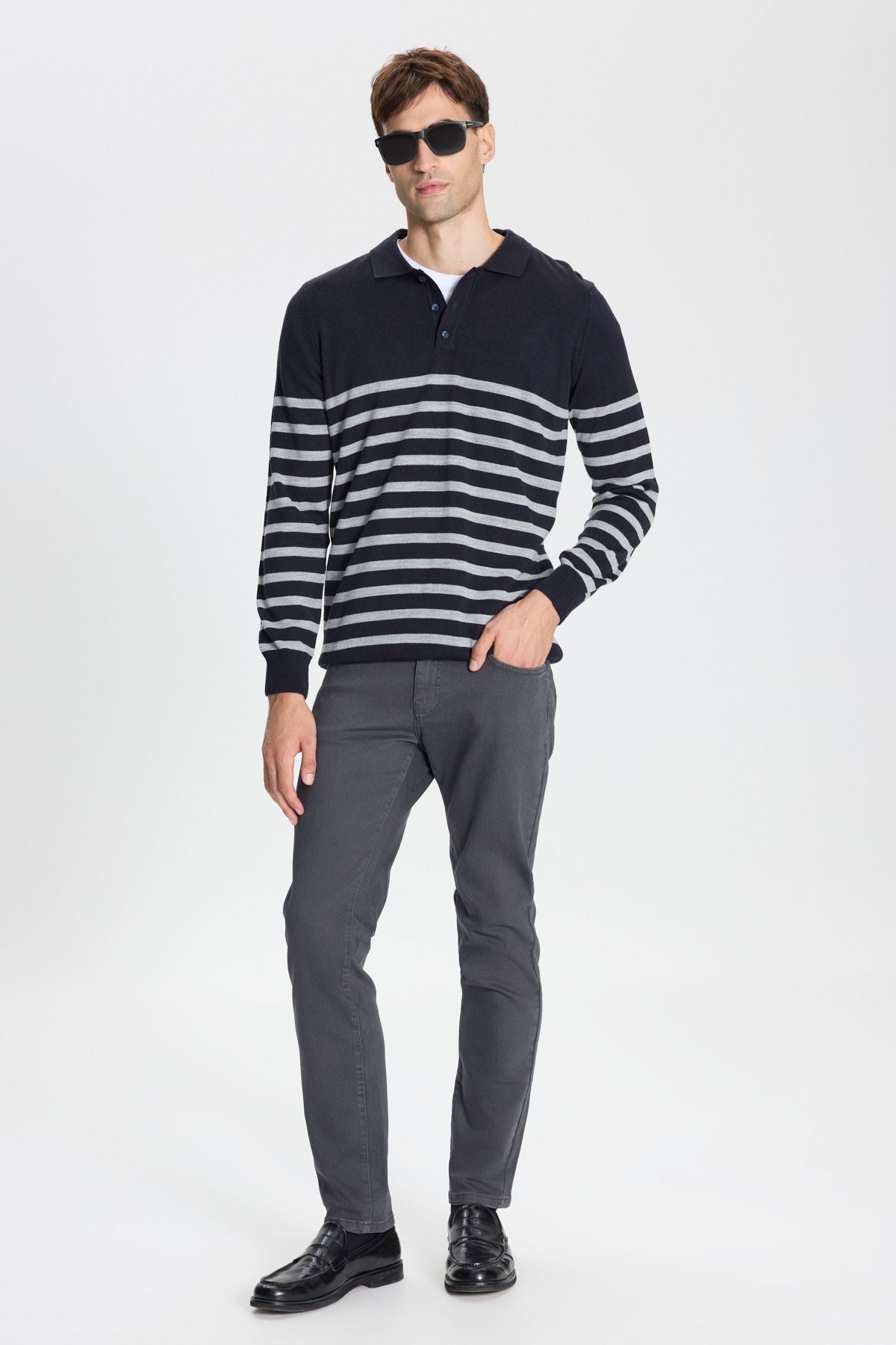 Men's Navy-Gri Standard Fit Normal Cutter Polo Yaka striped knitwear sweater