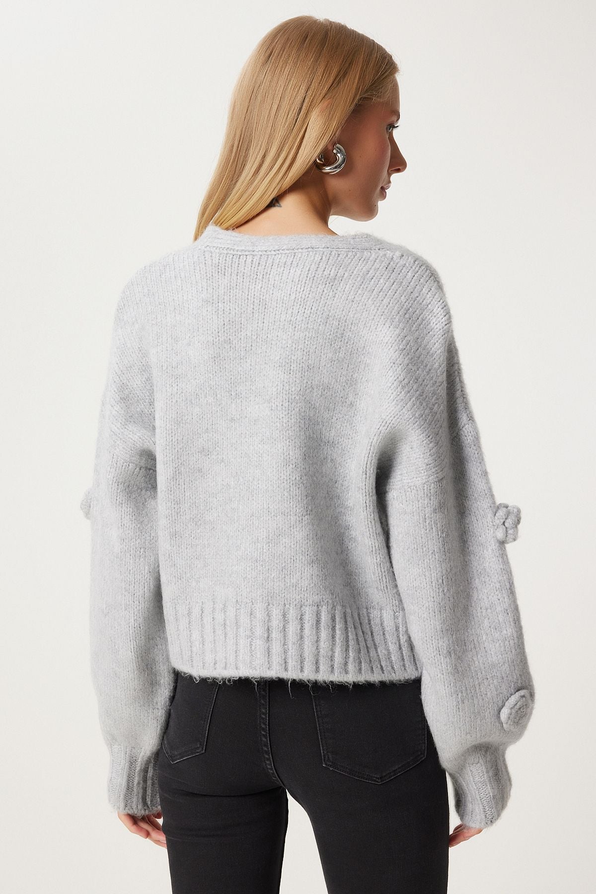 Women's Gray Pompom Flower Detail Triko Cardigan PF00078