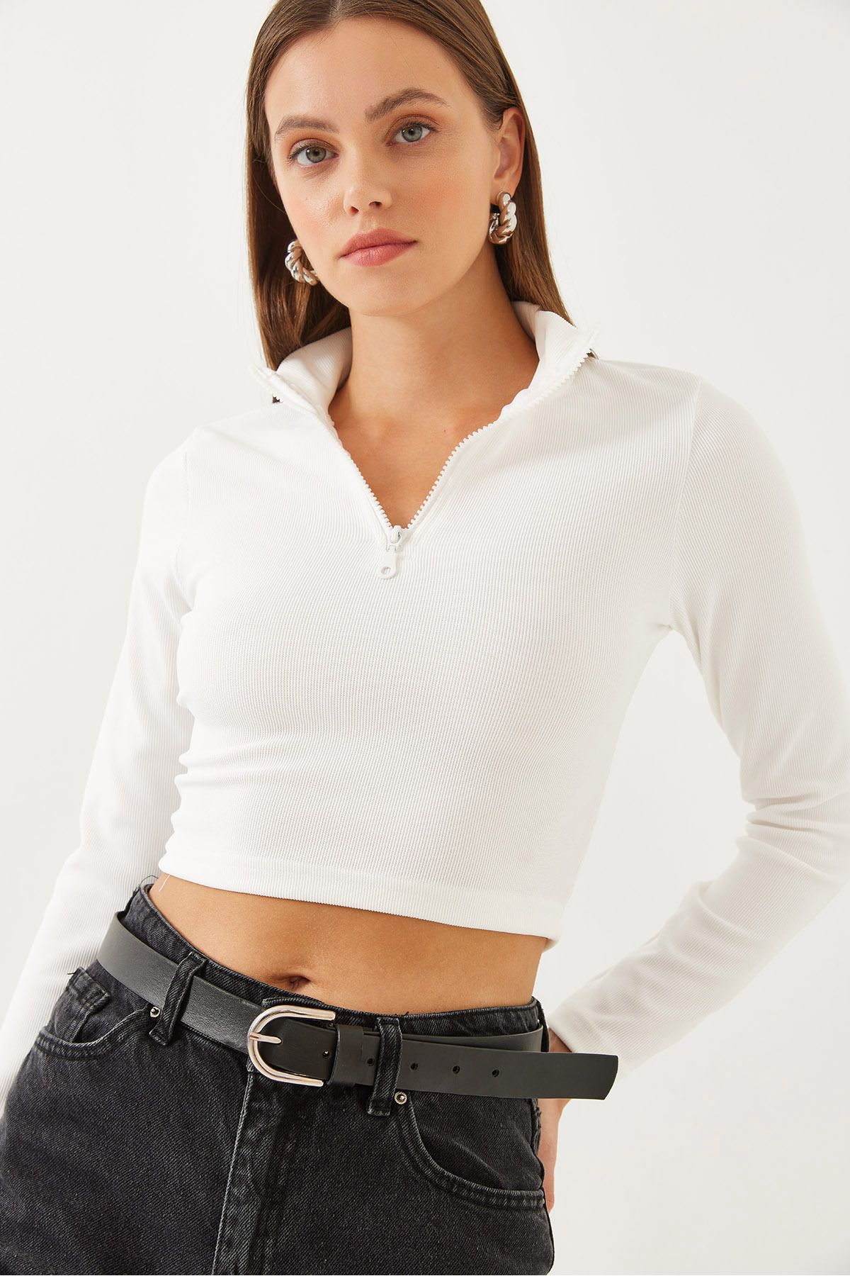 Female fisherman collar half zippered wick Crop blouse 60351019