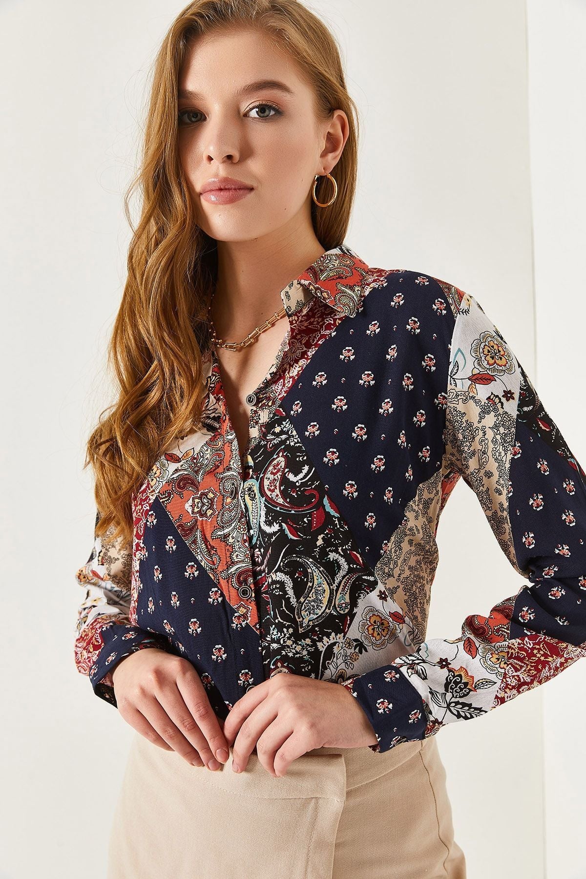 Women's Navy Blue Color Patterned Long Sleeve Shirt ARM-20K001102