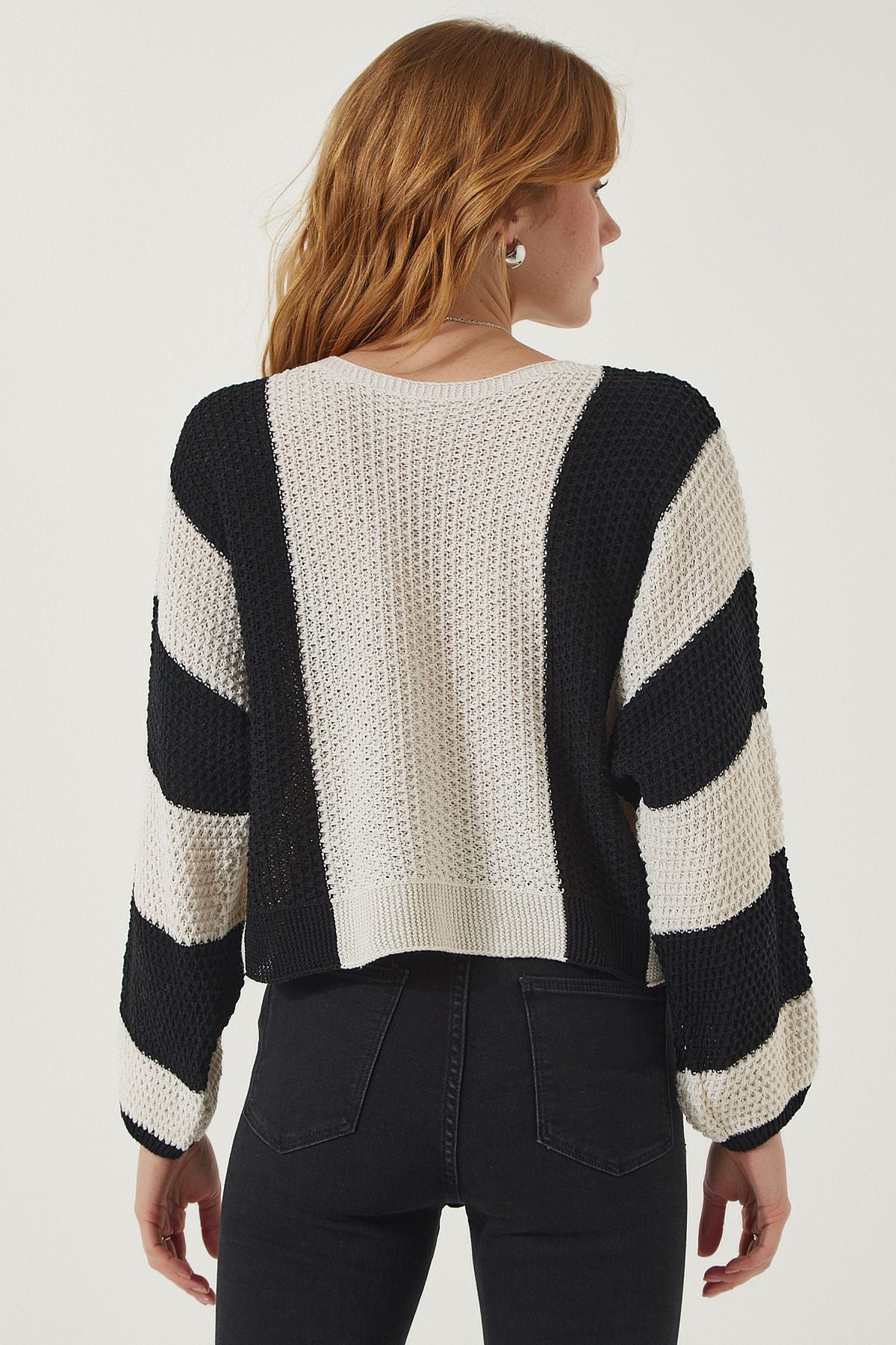 Women's Cream Black striped seasonal knitwear sweater MC00254