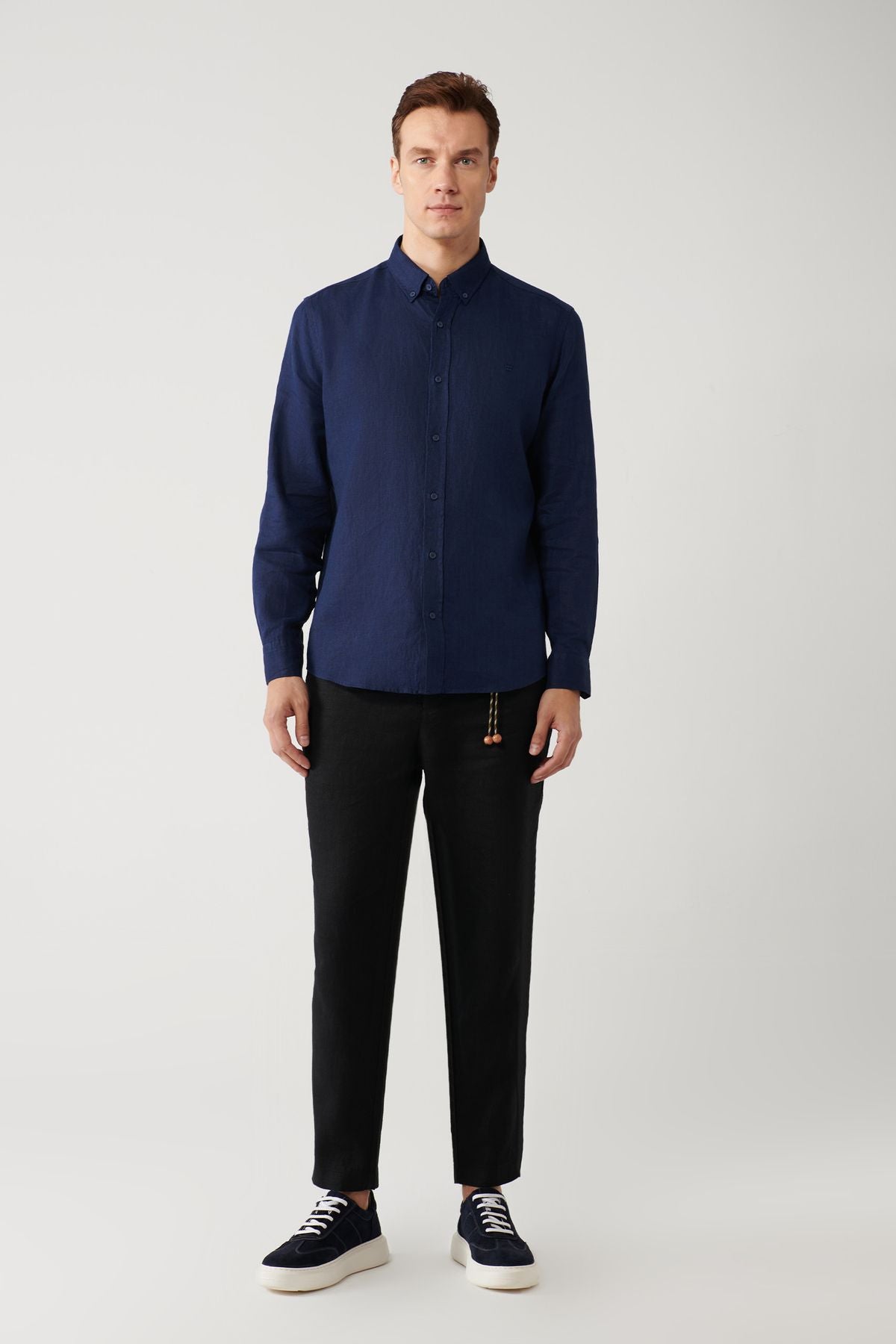 Men's Navy Blind 100 %Linen Buttoned Neck Shirt B002191