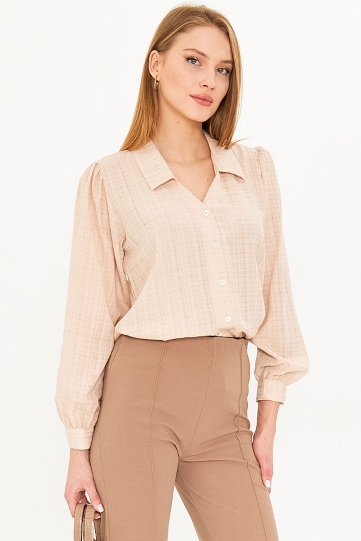 Women's Cream V-Neck Balloon Sleeve Bürümcük Shirt ARM-25K001088