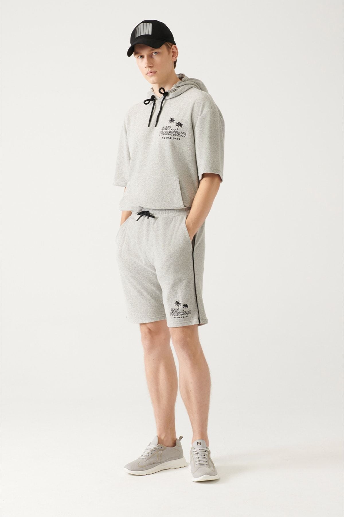 Men's gray towel hooded 100 %cotton Sweatshirt shorts set A31y3345