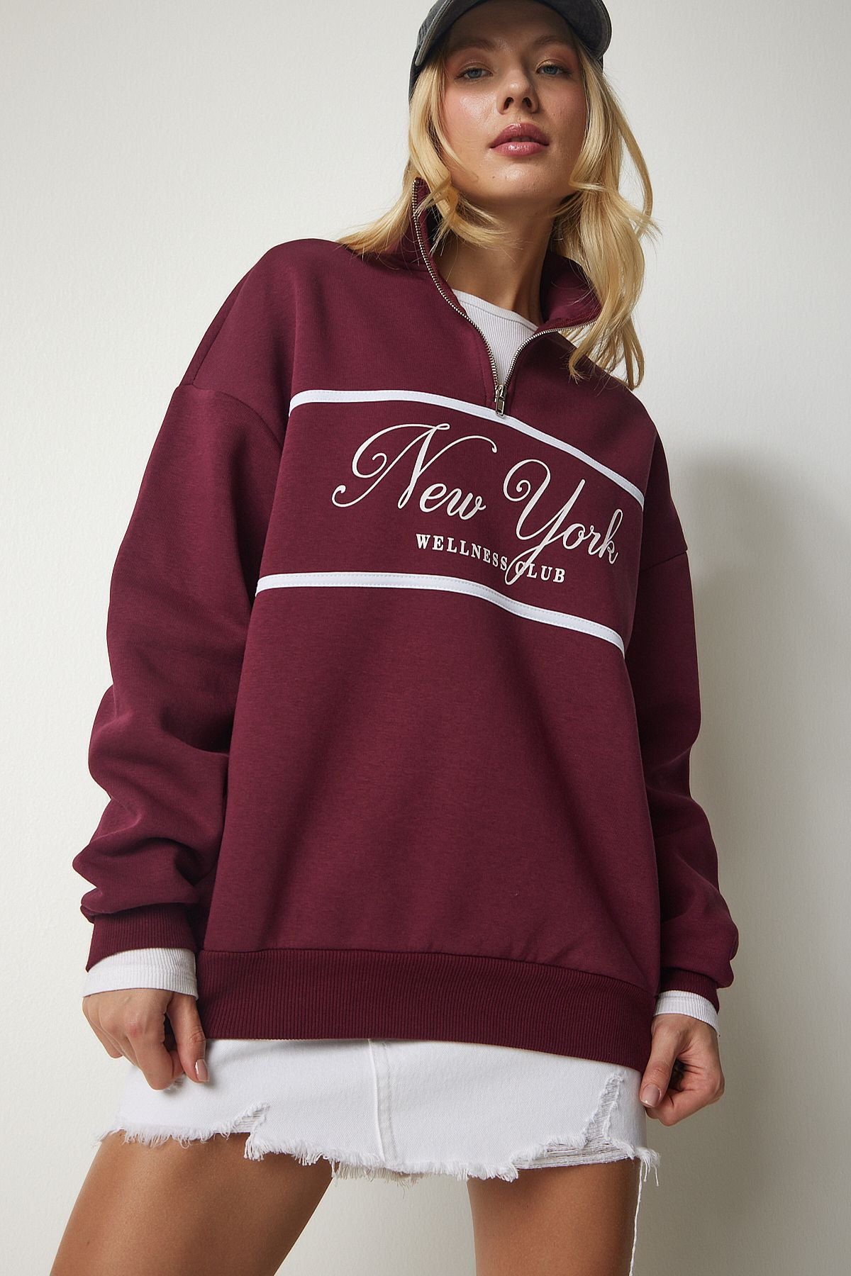 Female Bordeaux Zippered Neck Printed Sweatshirt UB00168