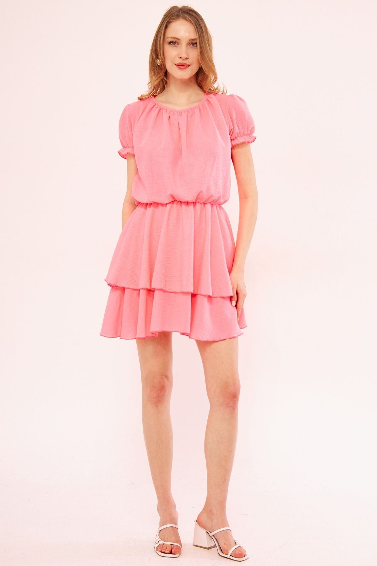 Female neon pink index dress collar shirred arm and waist rubber skirt folded ARM-24Y001032