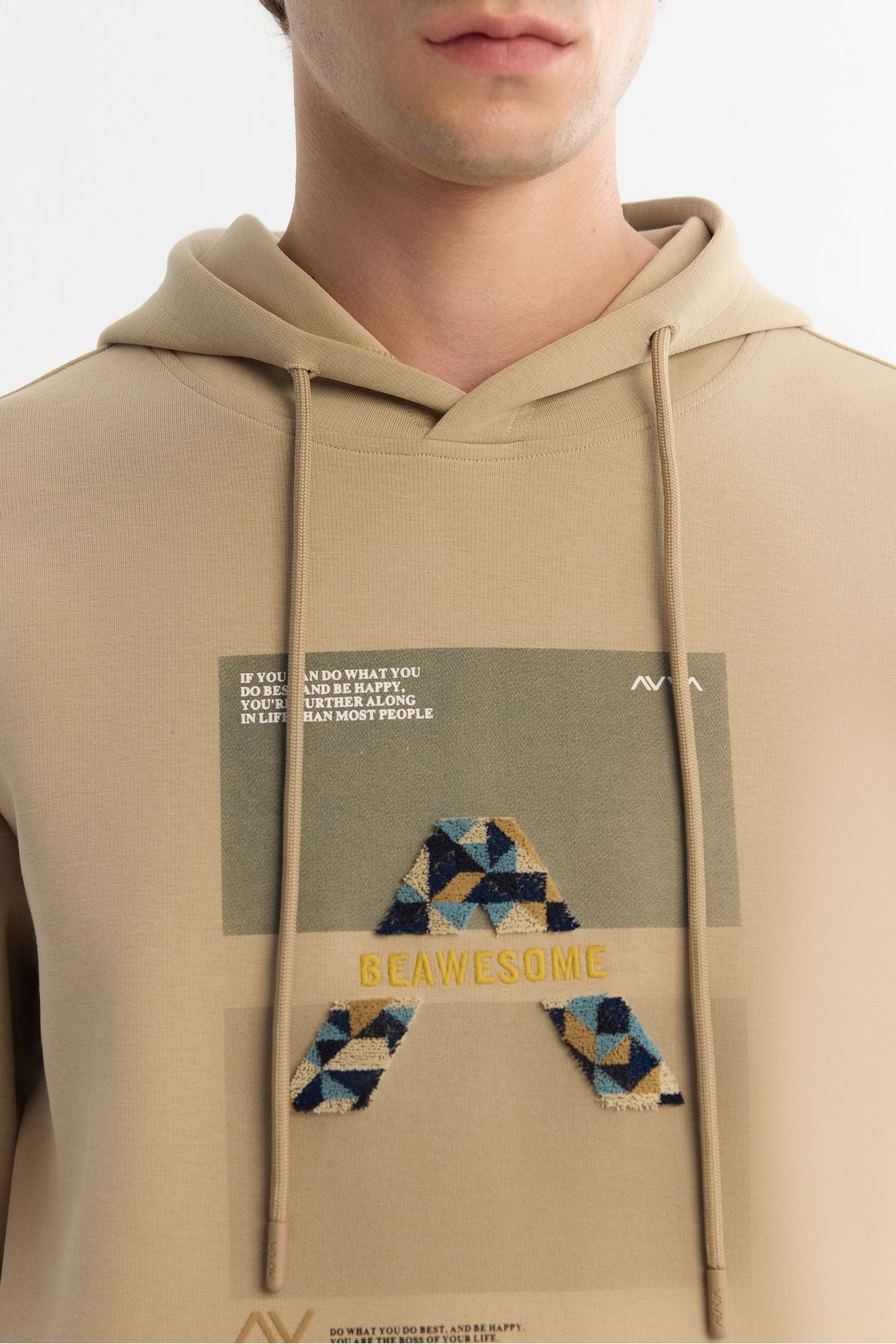 Men's beige hooded cotton printed elastan sweatshirt a42y1321