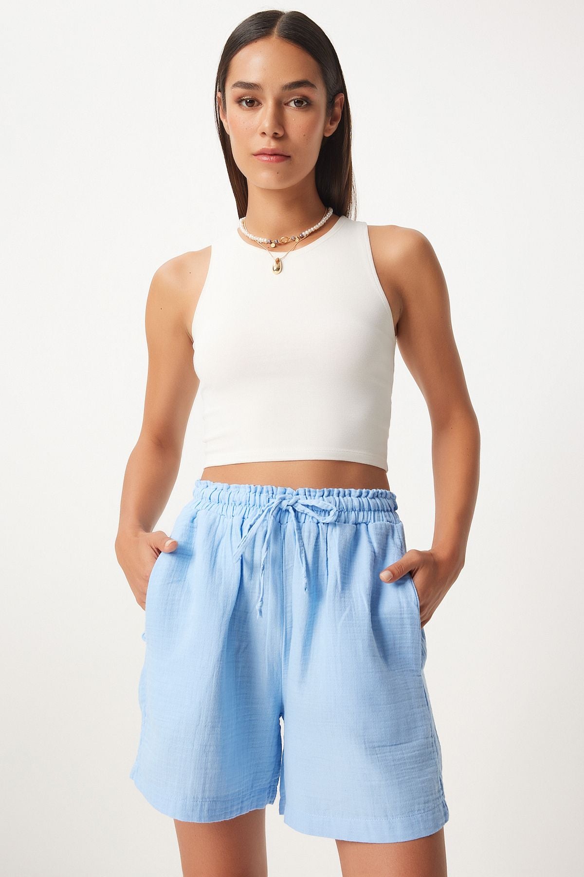 Female sky blue pocket muslin shorts MX00168