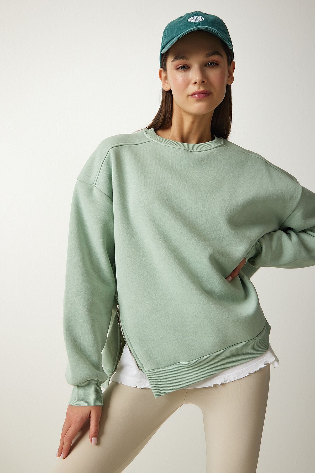 Women's Water Green Zipper Detailed Reddon Knitting Sweatshirt UB00148