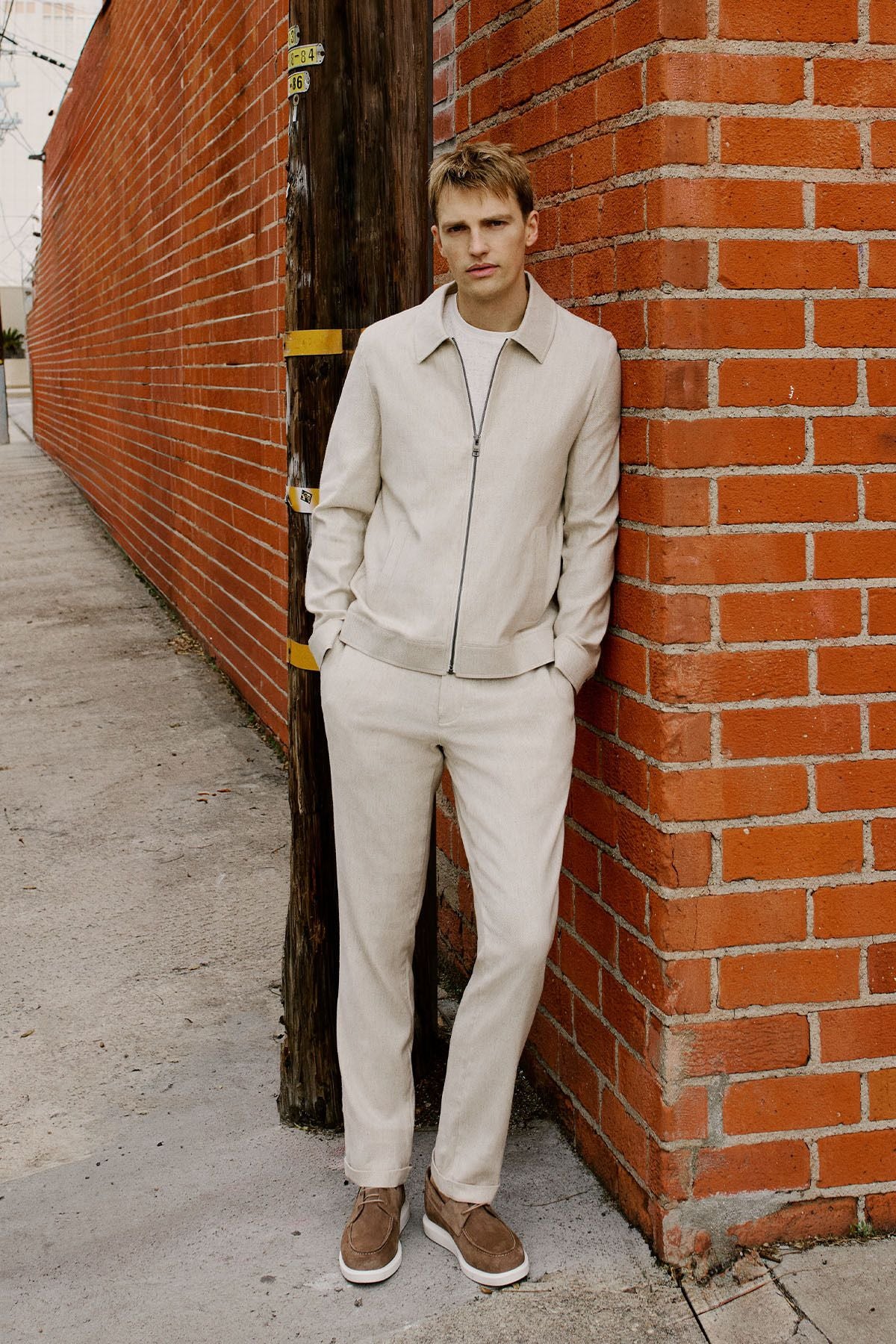 Men's Beige Slim Fit Narrow Cut Diagonal Patterned Casual Pants with Side Pockets
