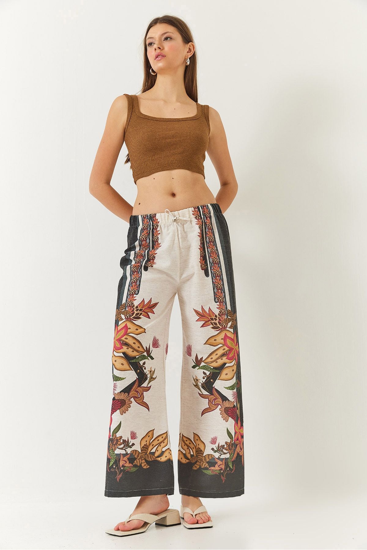 Women's waist rubber baglama detailed patterned palazzo pants 60261416