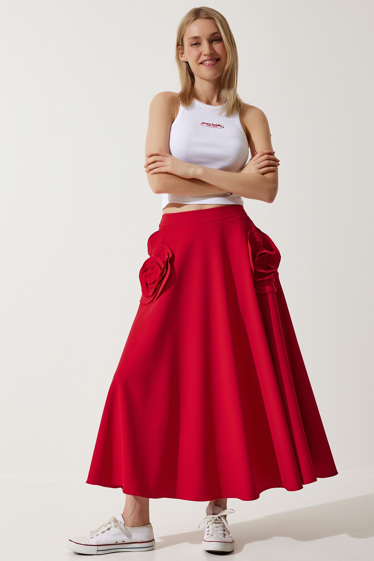 Female Red Rose Accessory Design Premium Midi Skirt FK00007