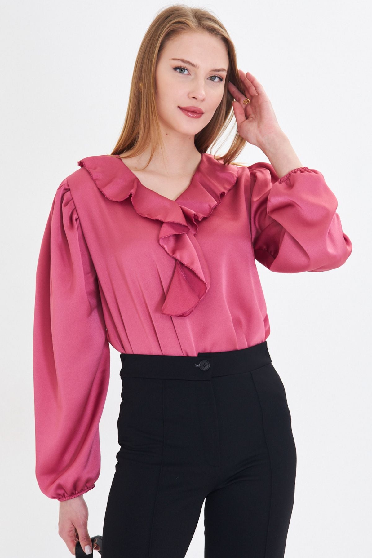 Woman Dark Pink collar frilled shoulder shirred arm tire cotton satin blouse ARM-22K001059