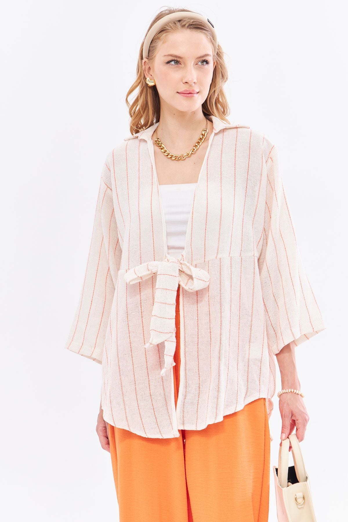 Woman Open Orange Striped front-binding Kimono Shirt ARM-24Y001091