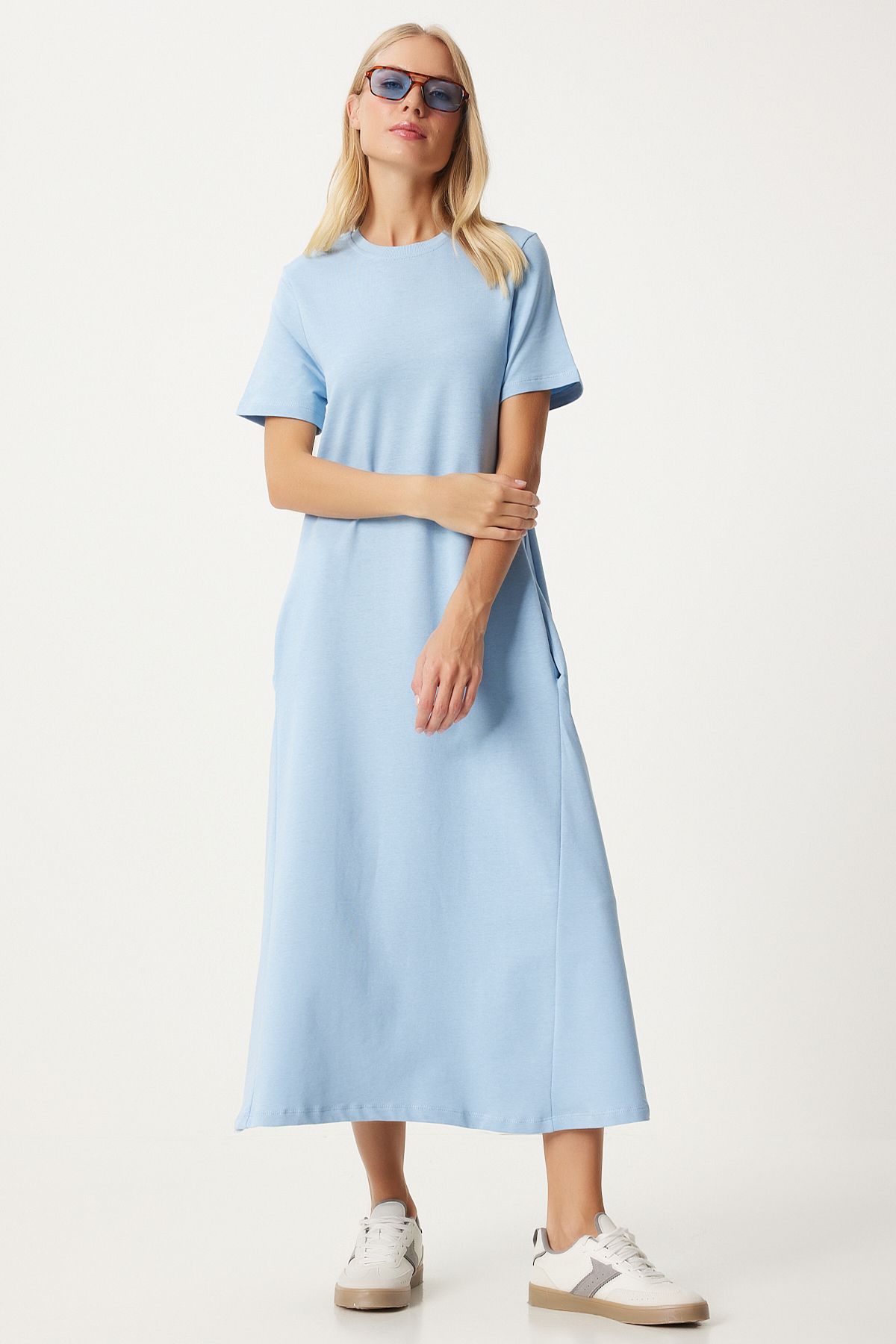 Woman sky blue A cut summer combed dress ub00060