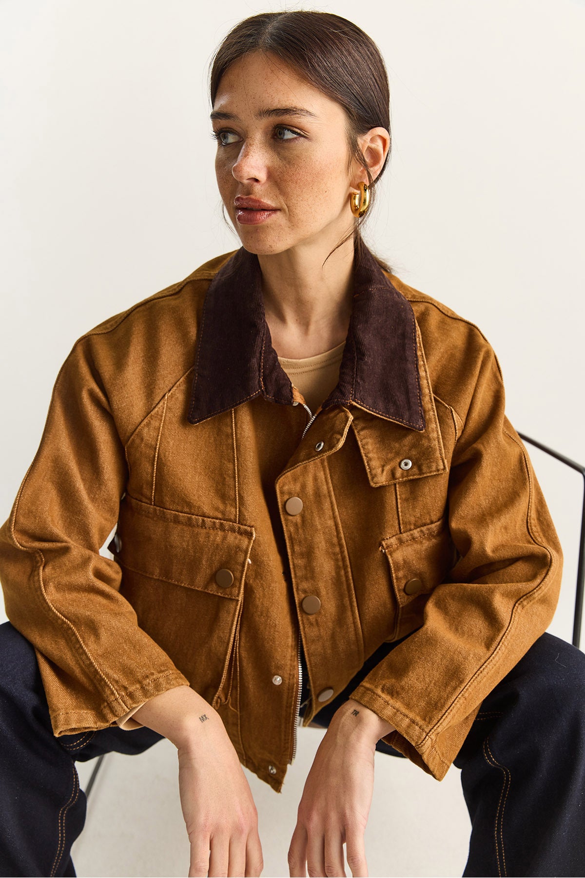 Women's Contrast Velvet Collar Detailed Large Pocket Gabardine Oversize Denim Jacket 6051 60283862