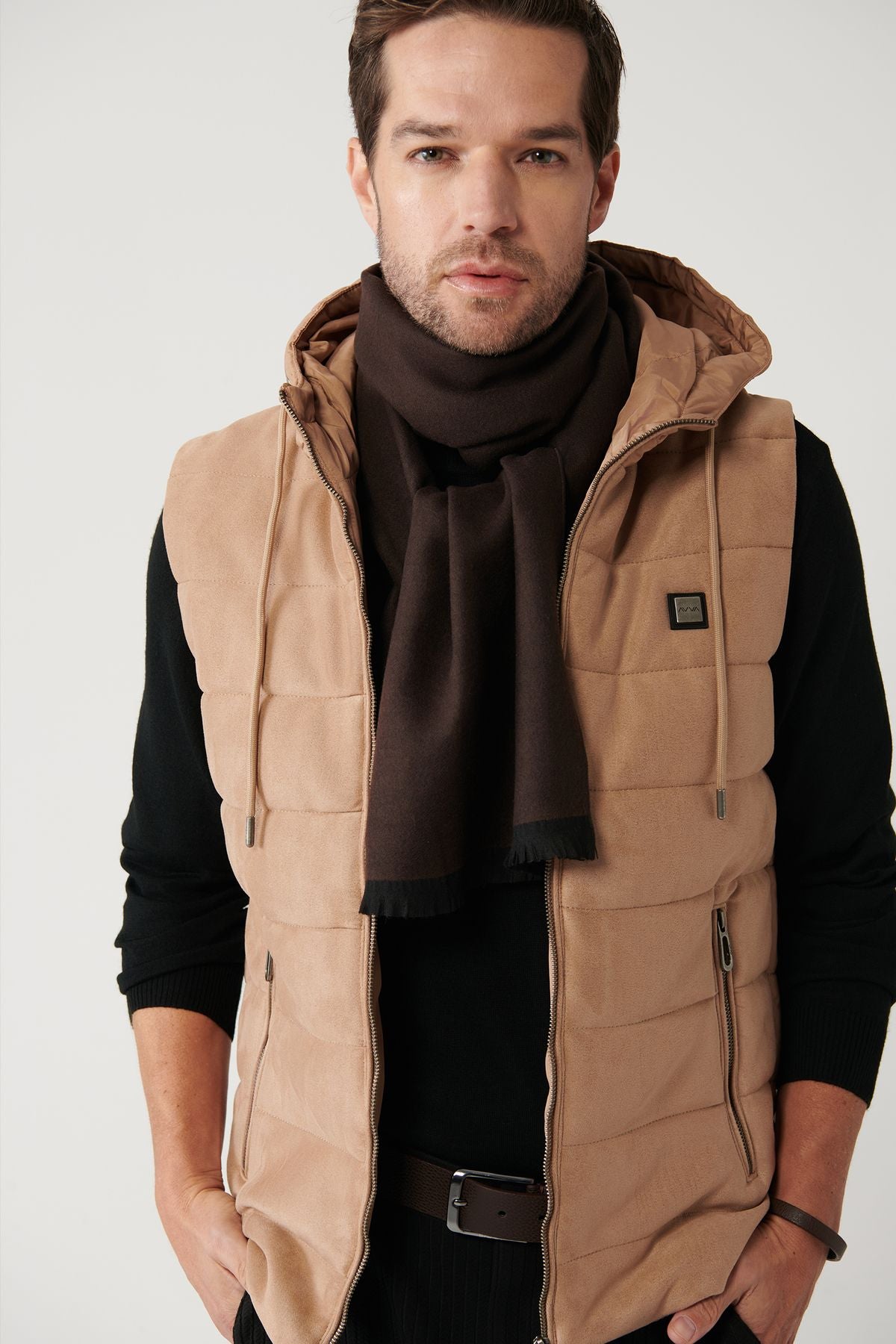 Men's Beige Hooded Fibrous Vest A32Y6511
