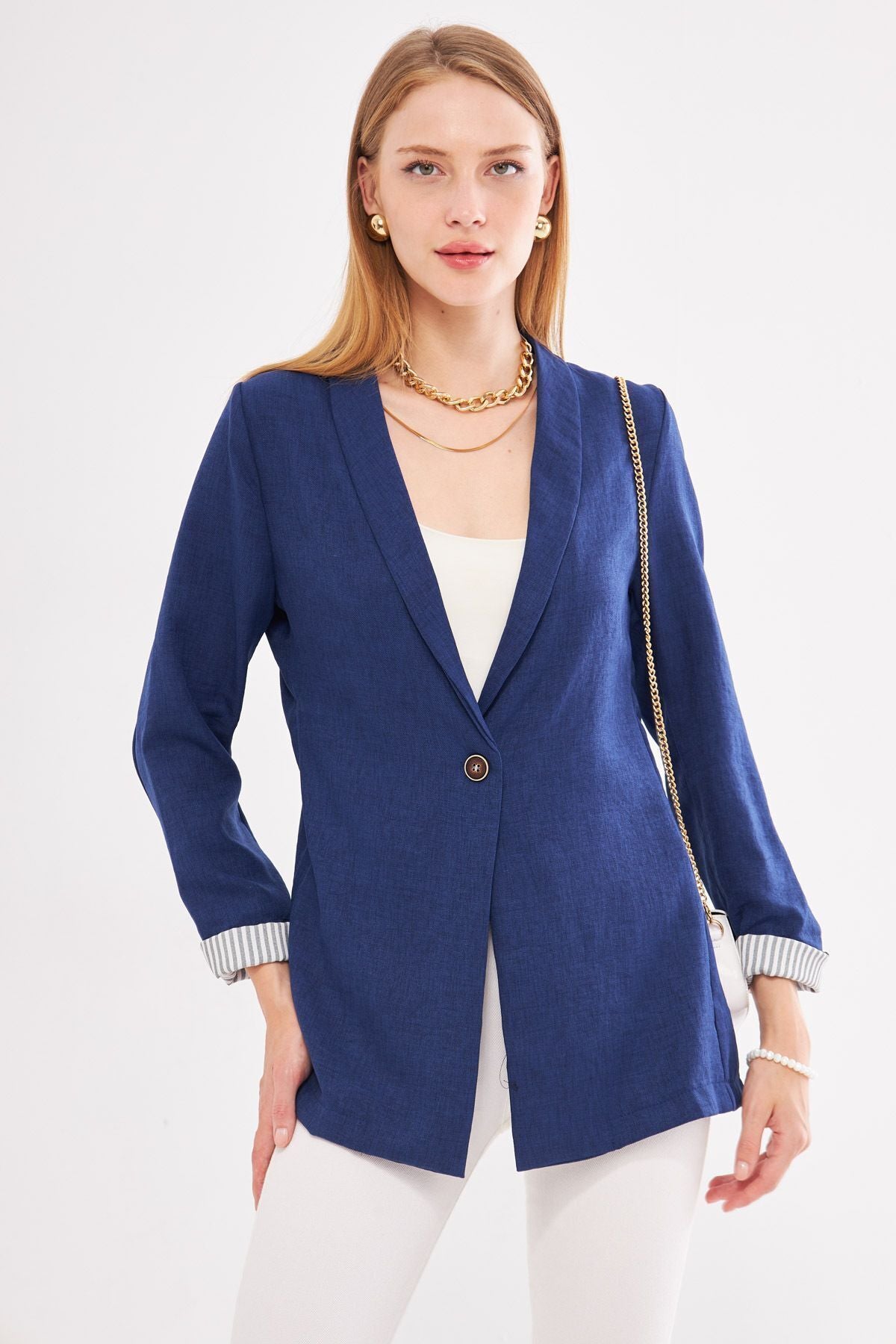 Woman Navy blue sleeve in intravenous striped single button jacket ARM-22K001122