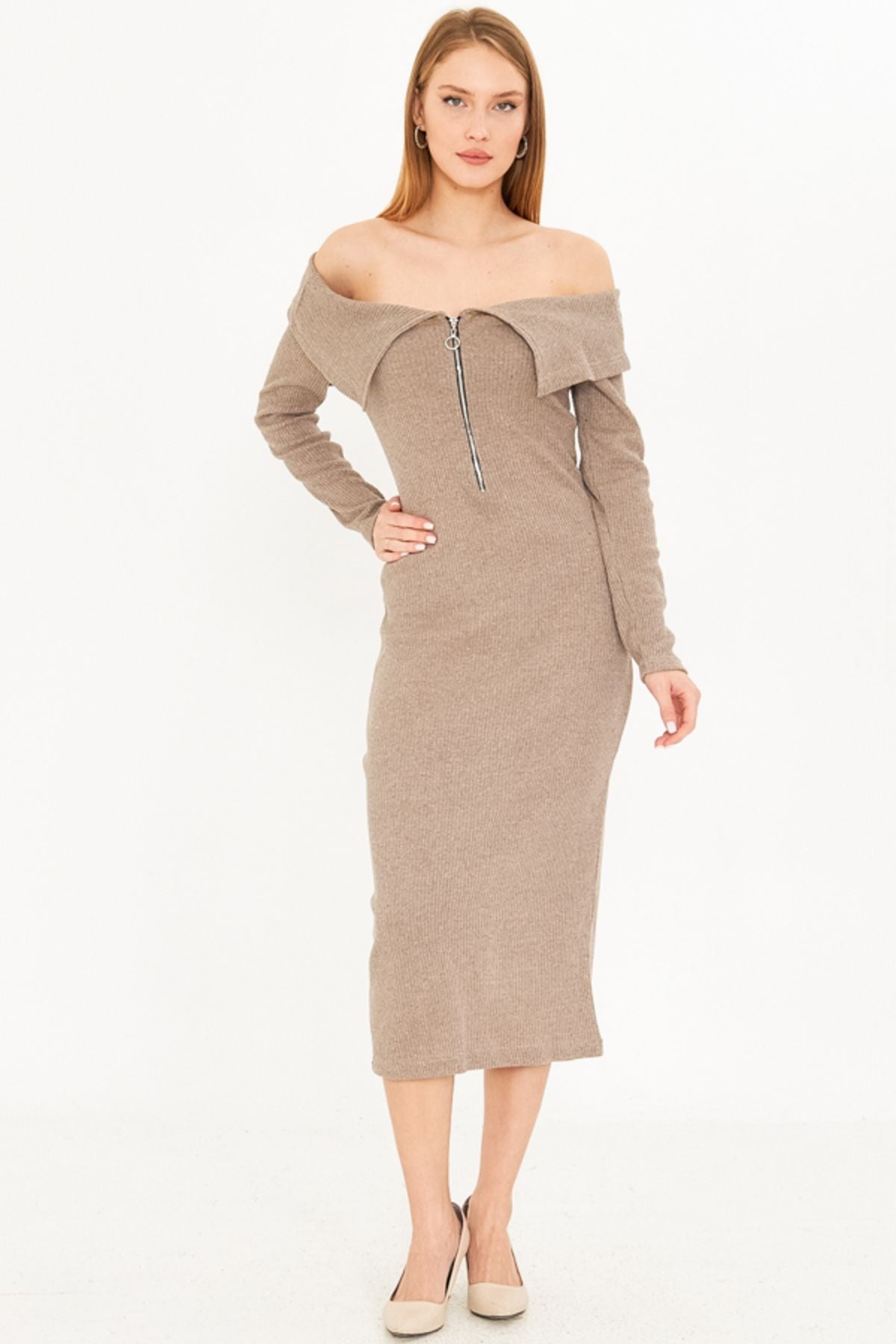 Female mink low shoulder front zipper slit midi height knitwear dress ARM-25K001089