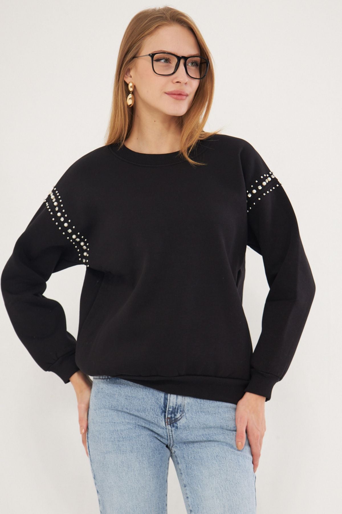 Female black zero-neck-collar branches with stone detailed sweatshirt ARM-25K024001