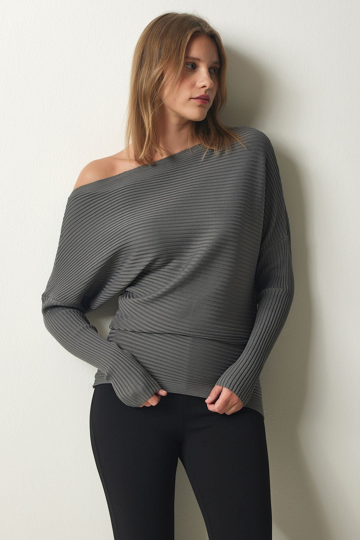 Female anthracite asymmetrical collar wick sweater FN03138
