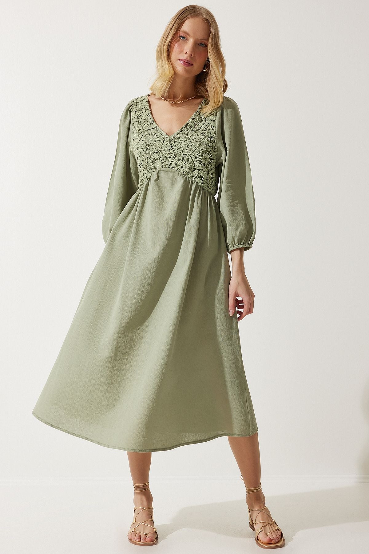 Woman Khaki Gugure Detailed Summer Linen Dress BP00152