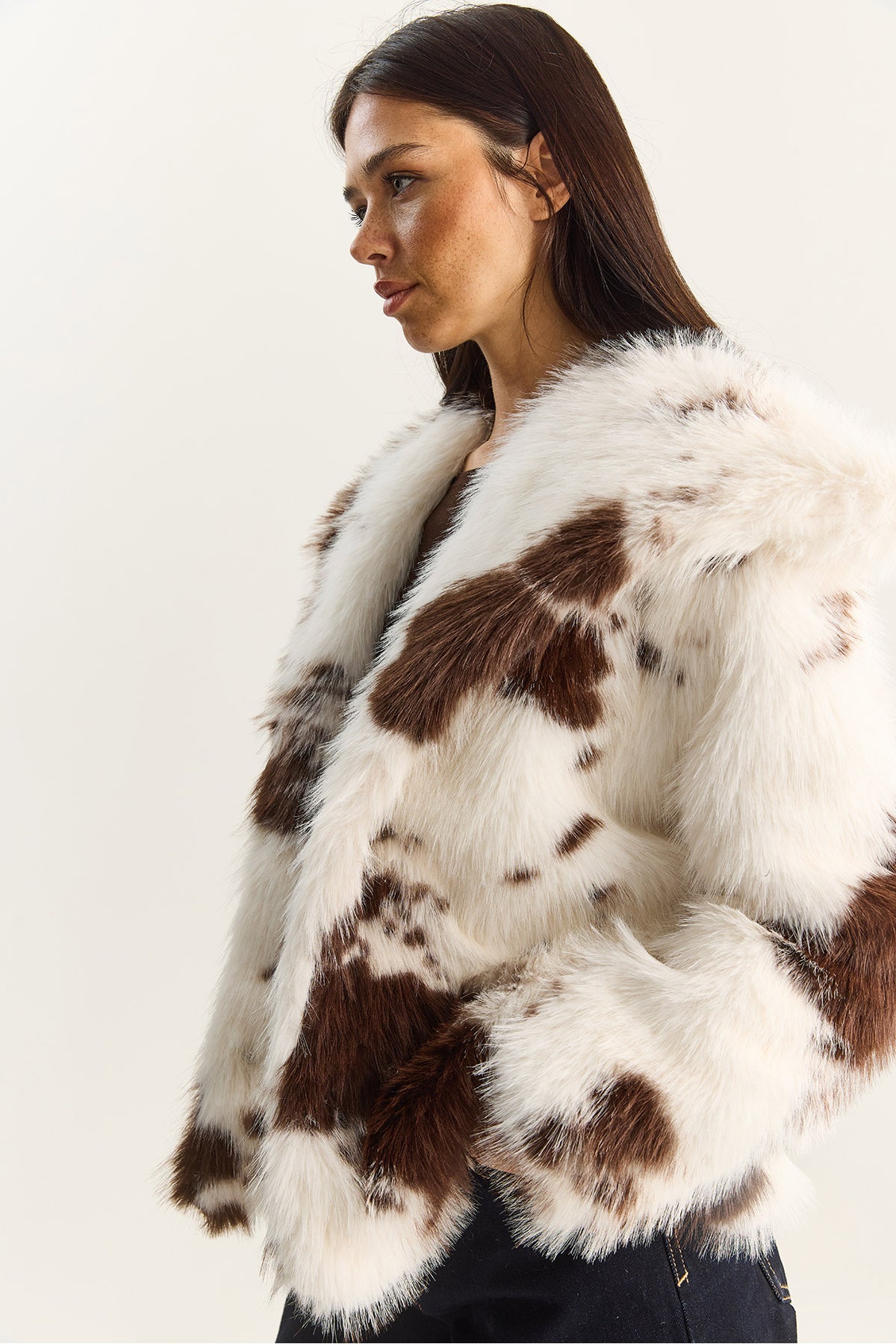Women's Cow Pattern Lined Faux Fur Jacket 3489 60283866