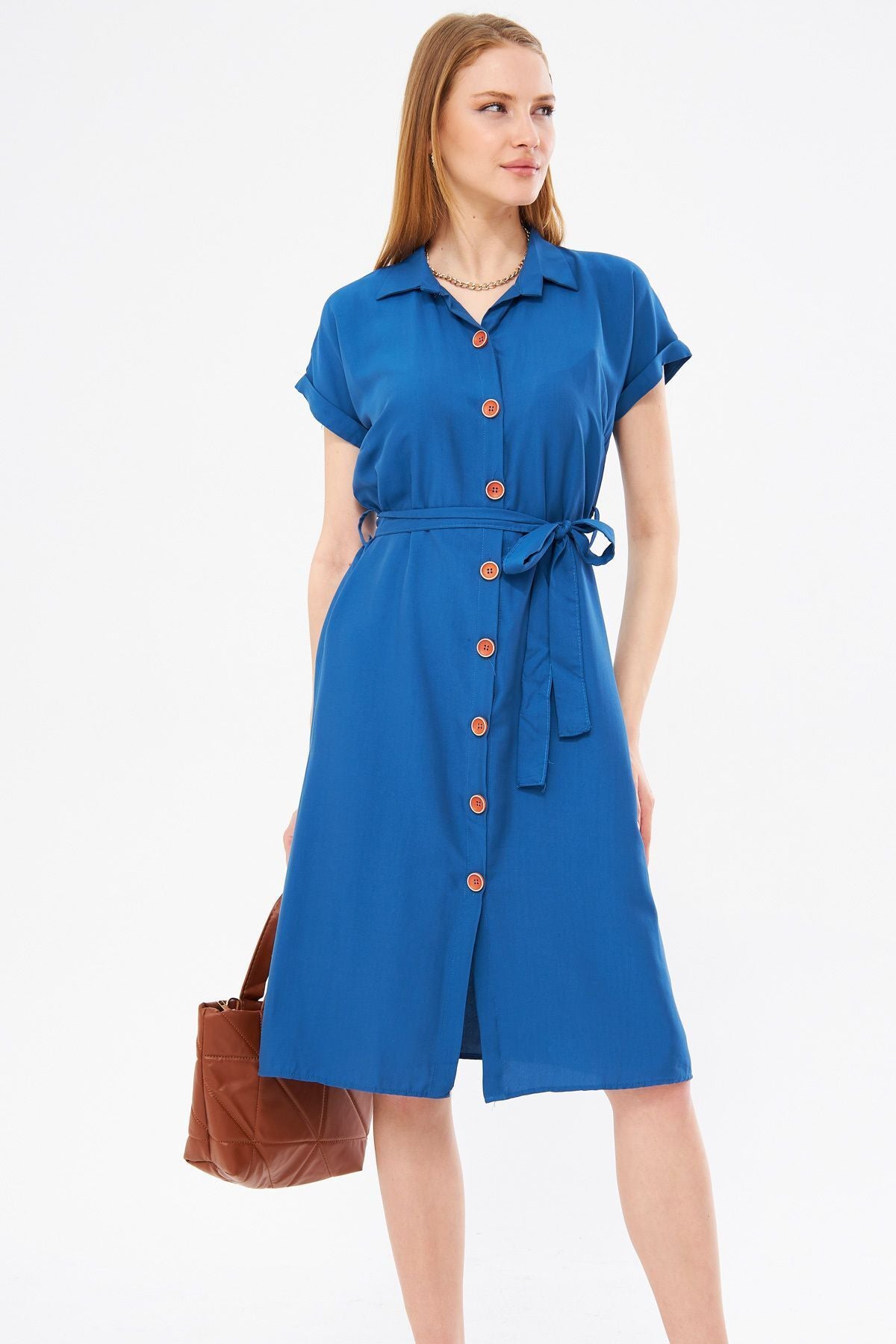 Woman Dark Blue Waist Belt Short Sleeve Shirt Dress ARM-19Y001068