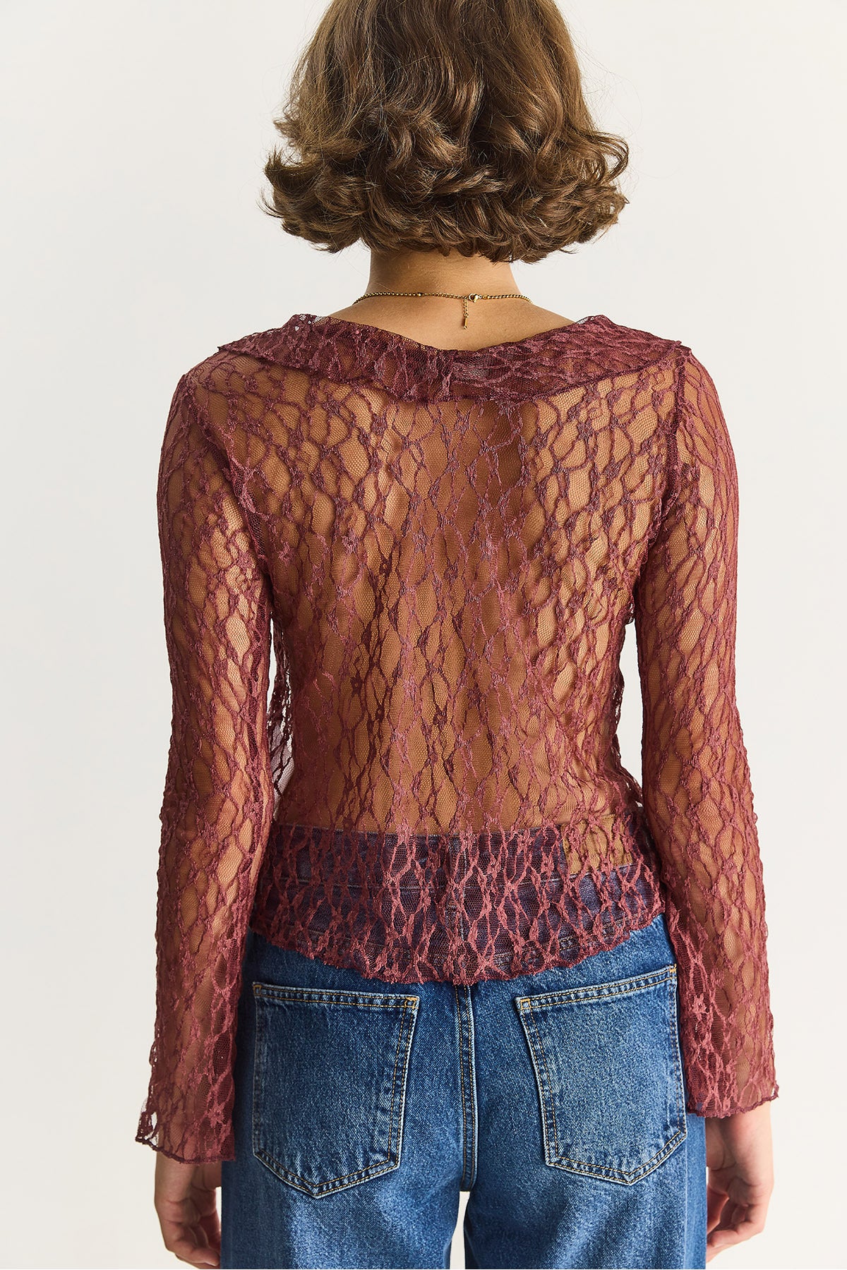 Women's V-Neck Front Tie Ruffle Detailed Lace Blouse DE251012 60283573