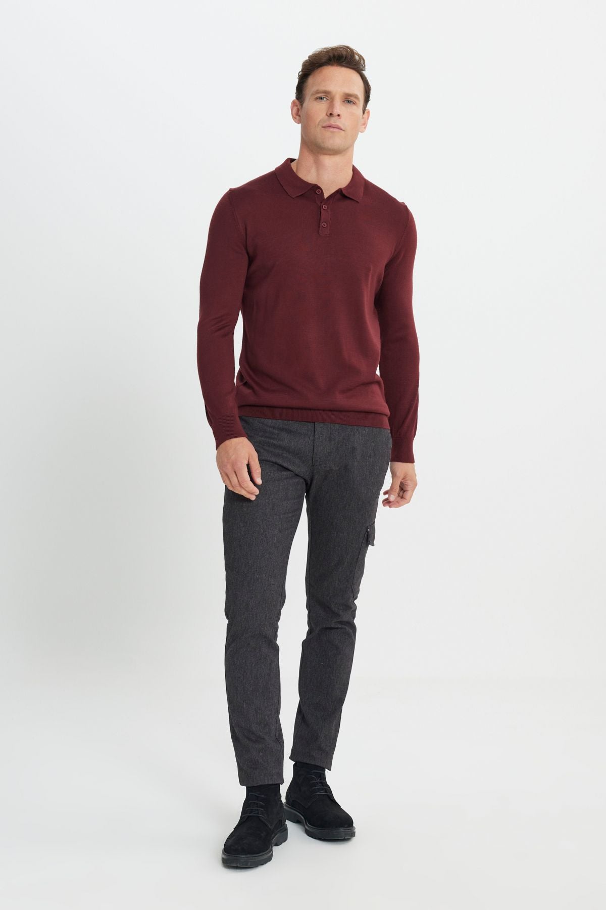 Men's burgundy woolen standard fit normal cut polo collar knitwear sweater