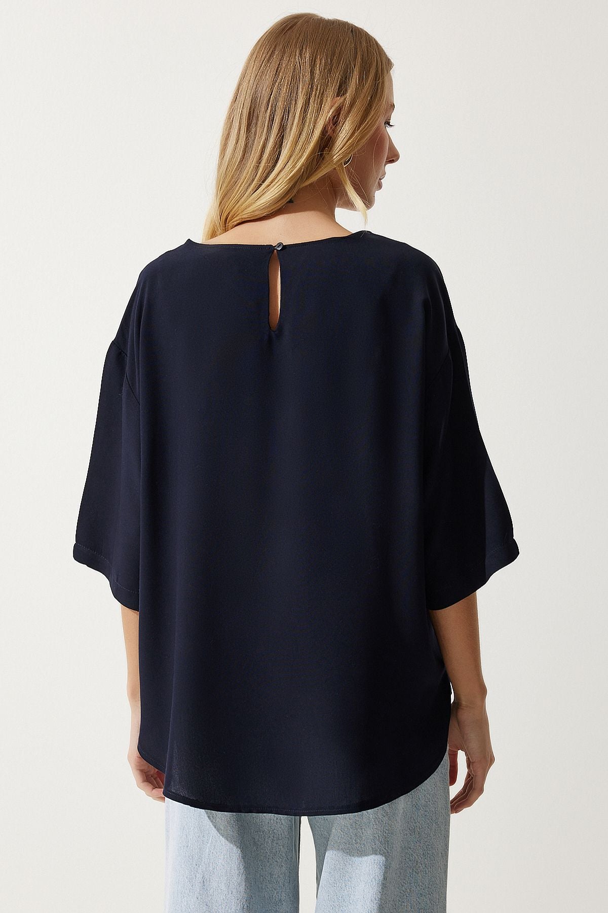Female navy blue bicycle collar draped viscose blouse RC00152