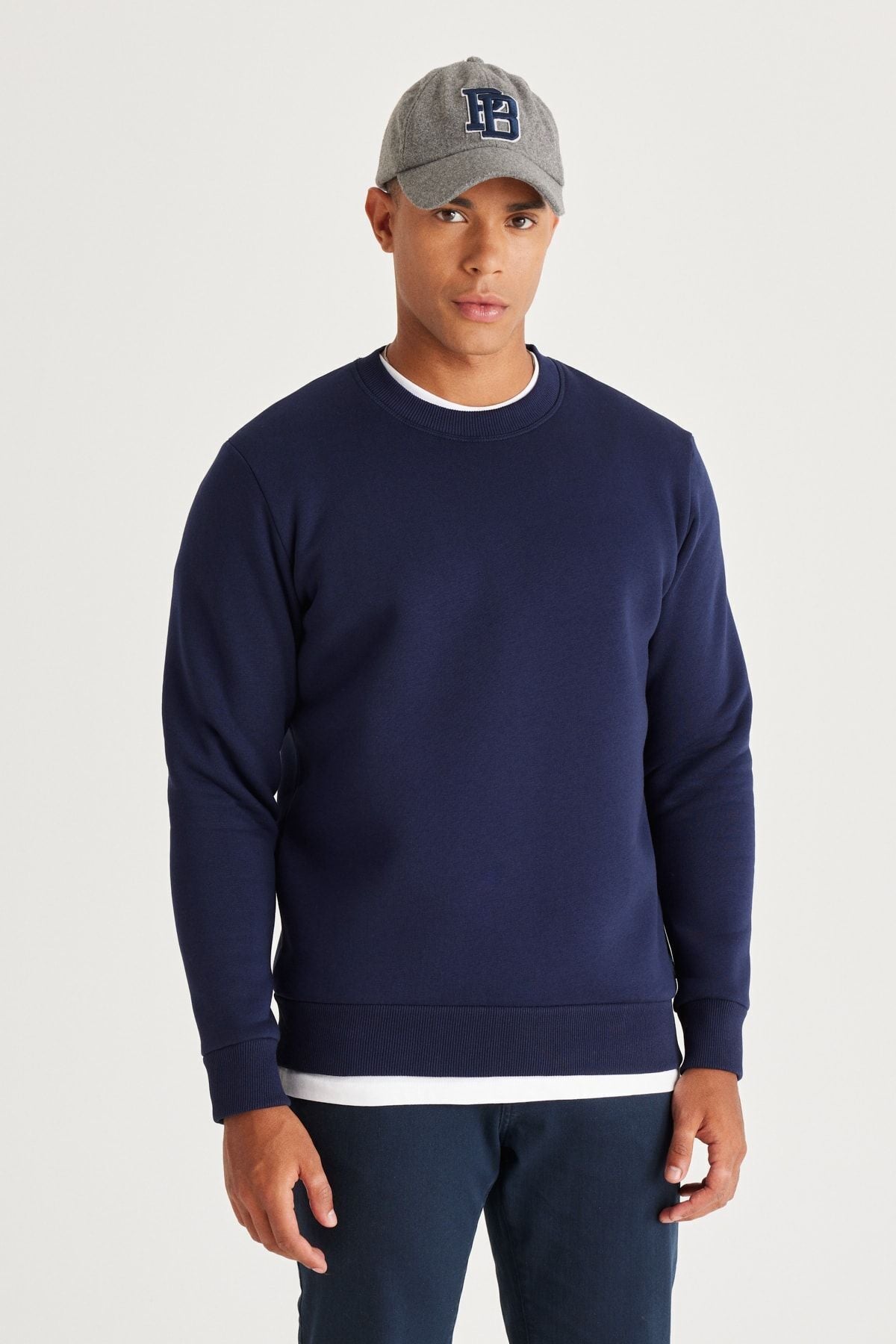 Men's navy blue standard fit Normal Cut Içi polar 3 IP bicycle collar cotton sweatshirt