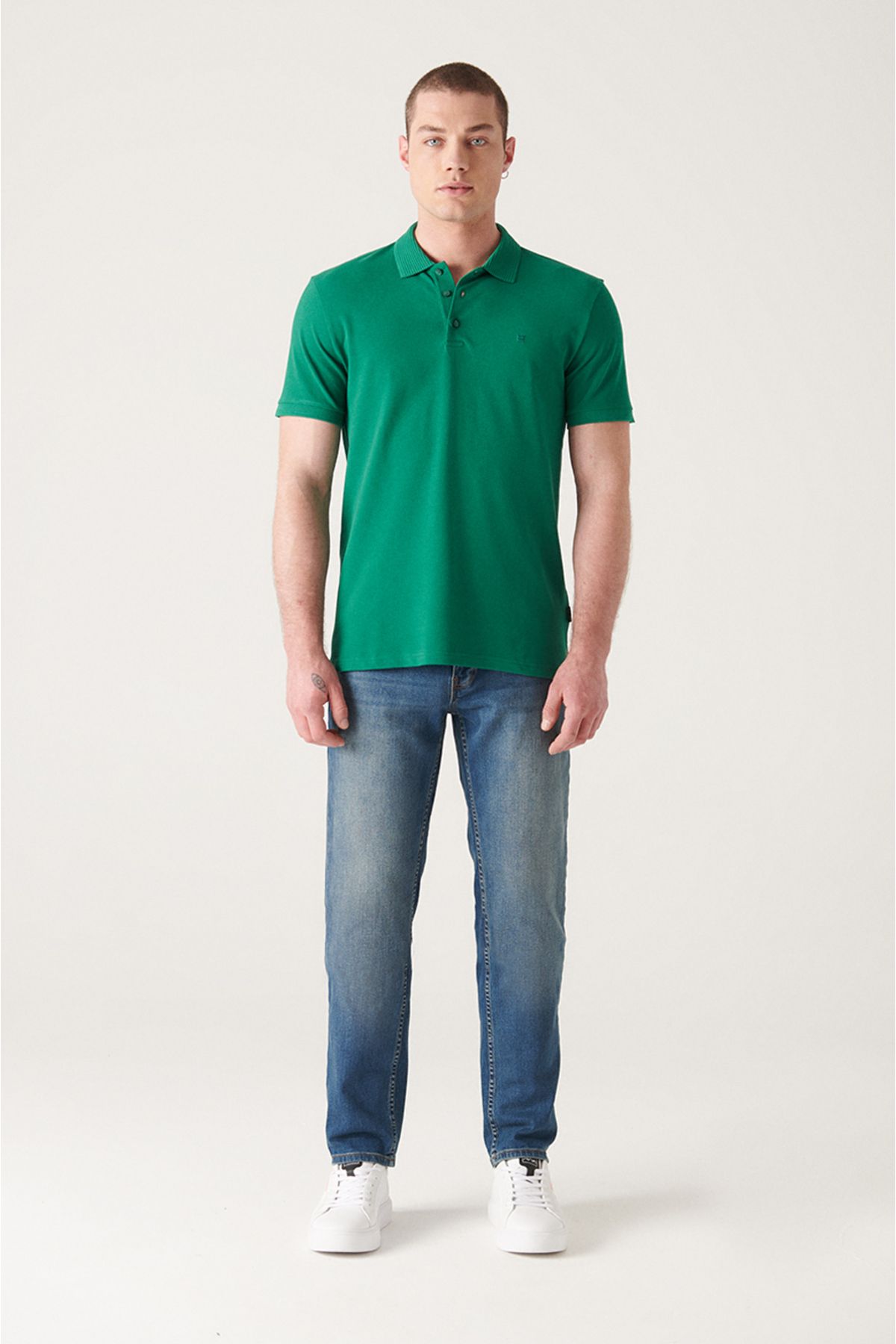 Men's green 3 button 100 %corn cotton Polo Yaka T-shirt B001027