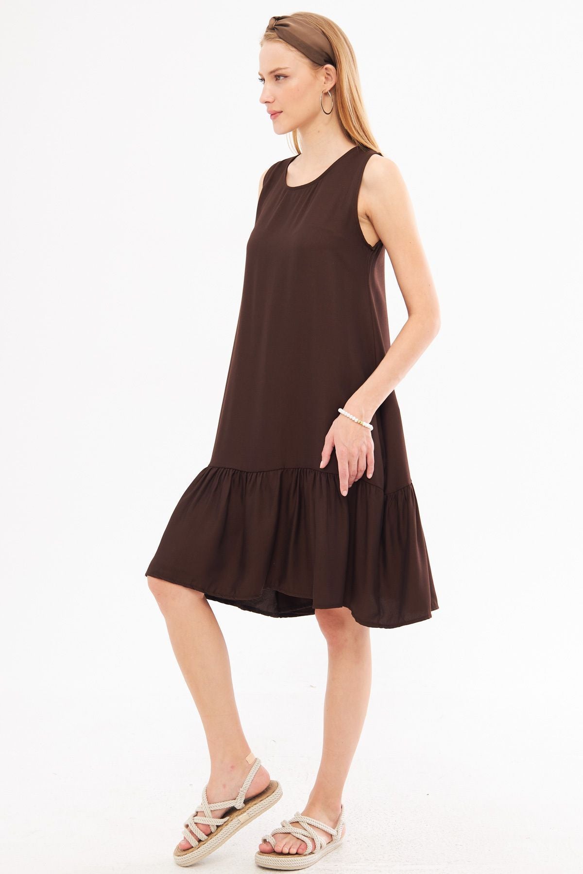 Woman Dark Coffee Sleeveless Skirt Ruffle Dress Arm-18y001156