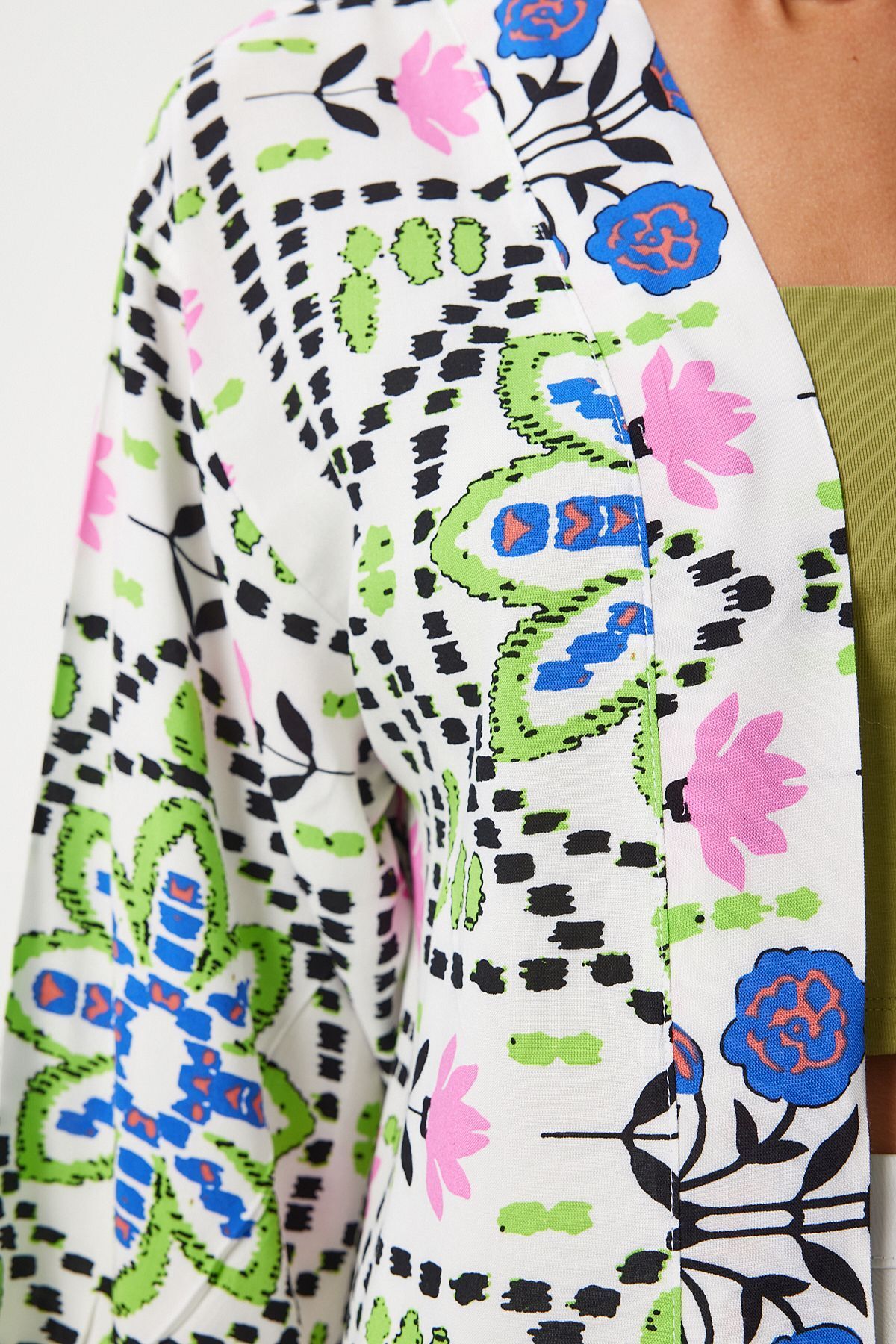 Female green blue patterned viscose kimono en00615