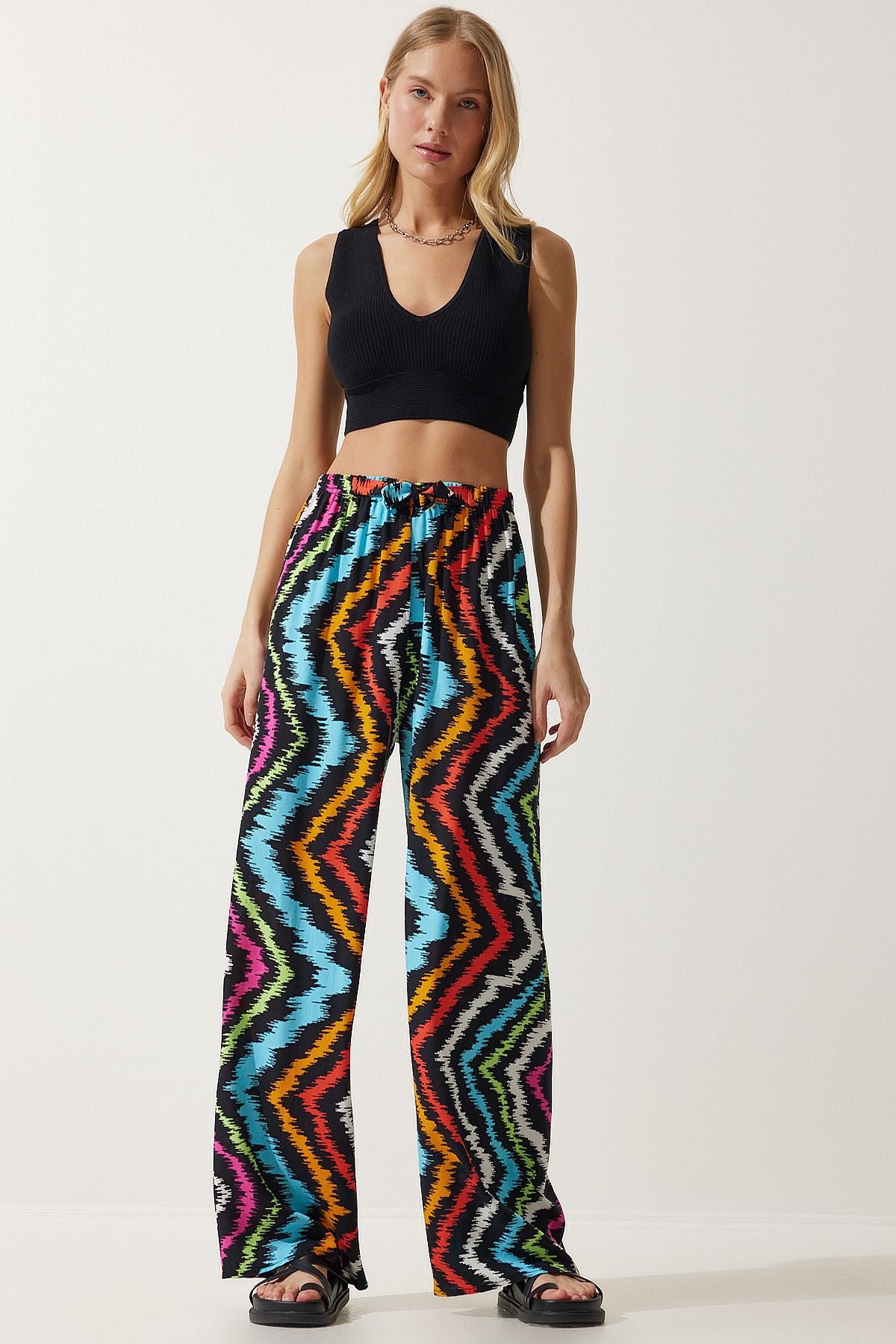 Female Black Blue Patterned Viscose Palazzo Pants EN00606