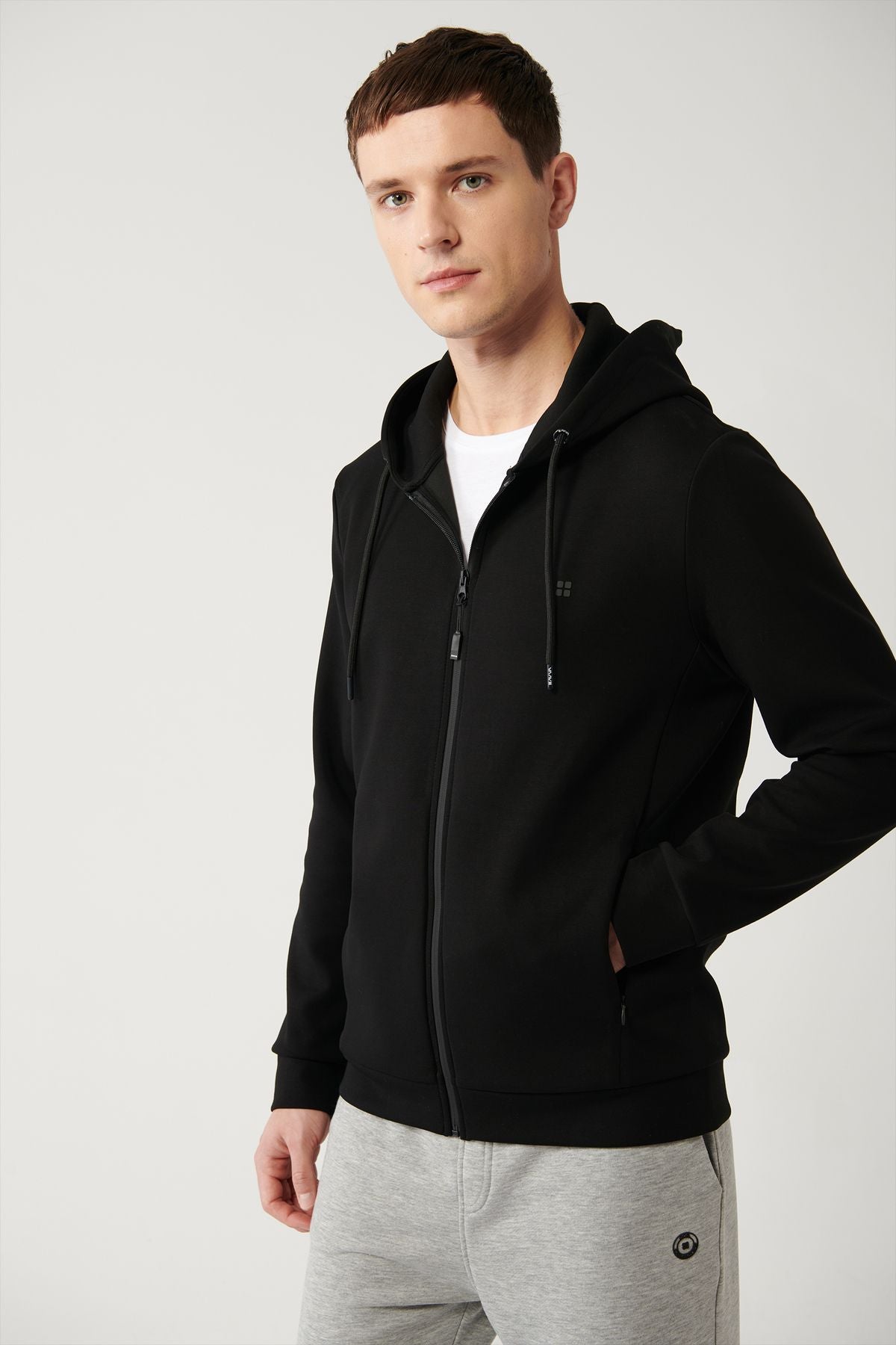 Men's black hooded Interlok Fabric Zipper Sweatshirt B001102