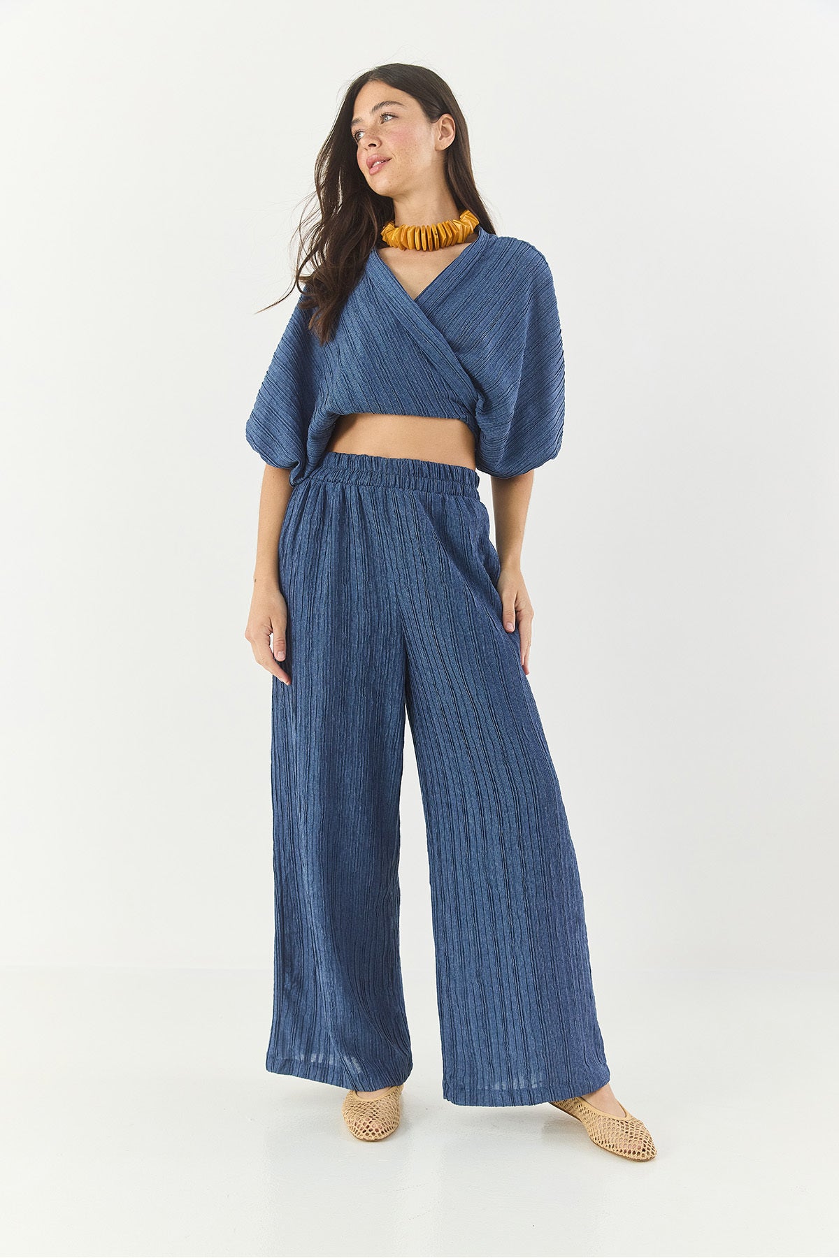 Women's Tie-Up Watermelon Sleeve Blouse with Elastic Waist Loose Trousers Bottom-Top Set 9340 60281051