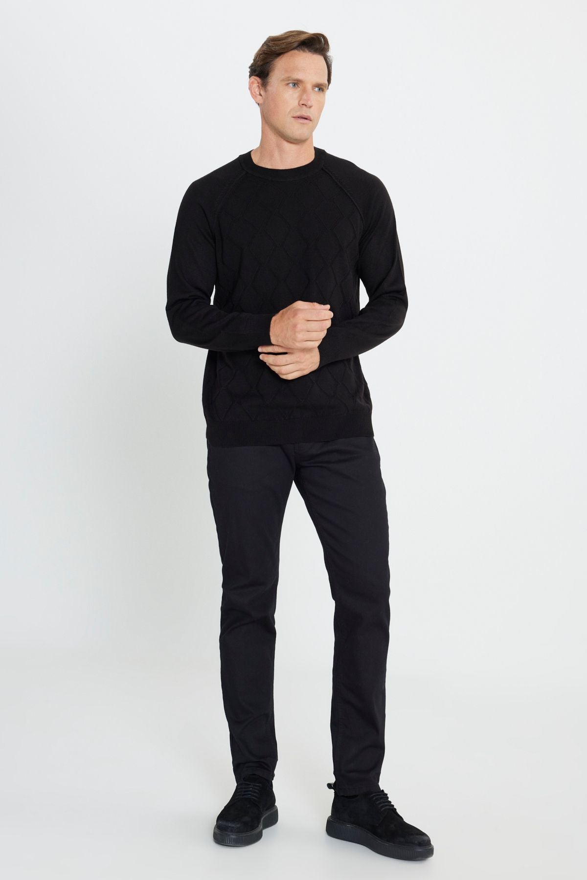 Men's Black Standard Fit Normal Normal Cut Bike Yaka Jacquari Knitwear Sweater