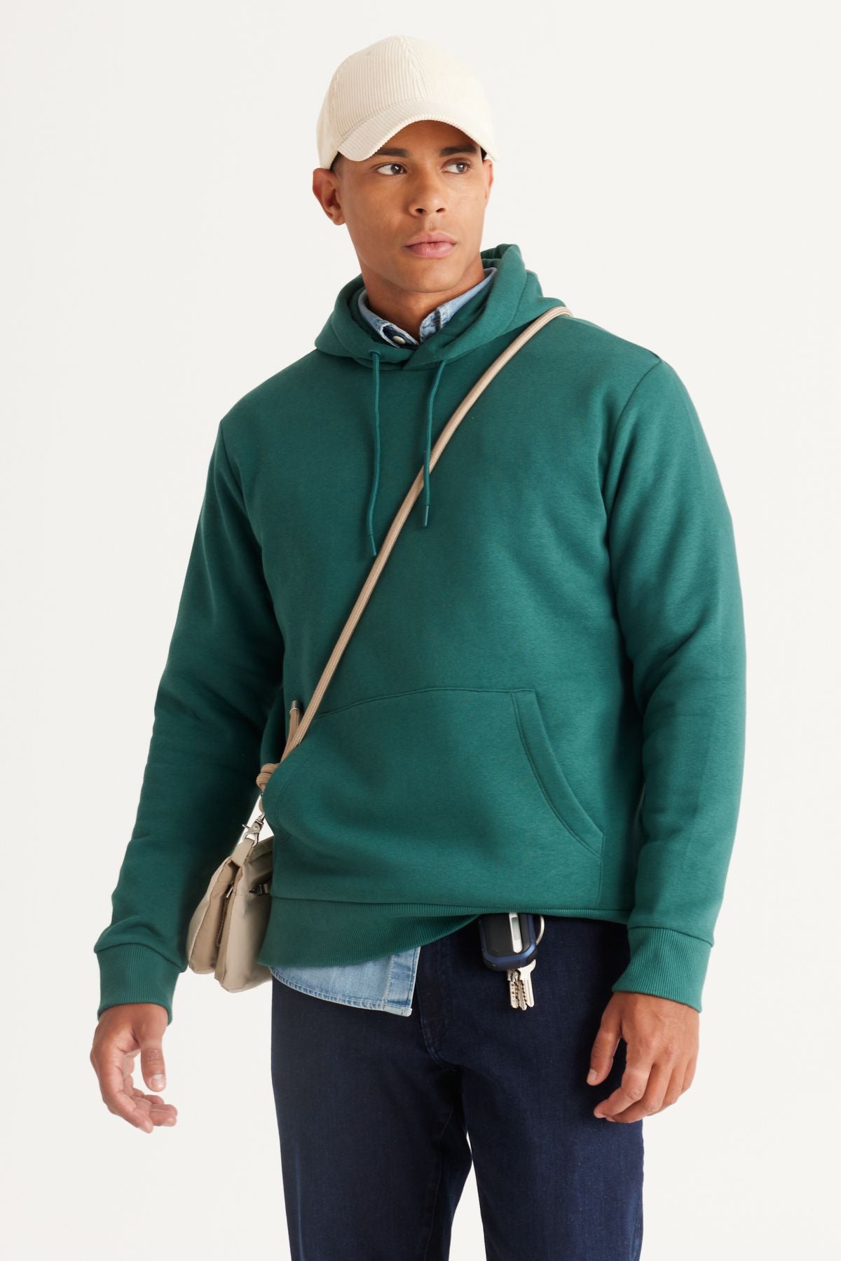 Men's Dark Green Standard Fit Normal Normal Cut Içi Polar 3 IP hooded cotton sweatshirt