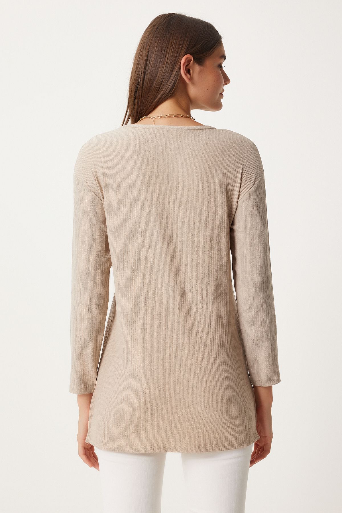 Female Beige Patterned Long Sleeve Knitting Blouse ZH00038