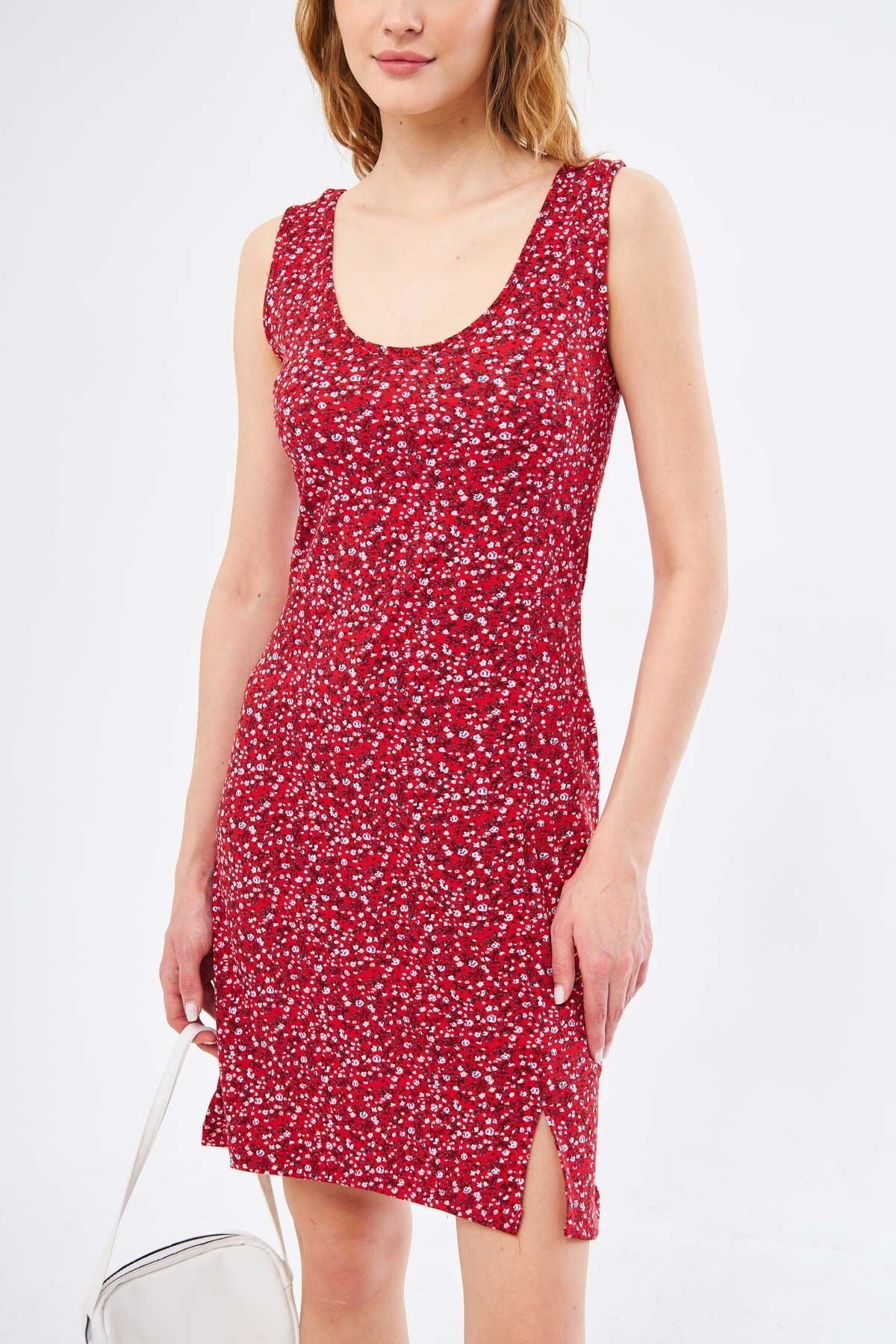 Woman Red Ikosidio Dress Sitting on the Body Sleeveless Front Ruffled Mini Size ARM-24Y001045