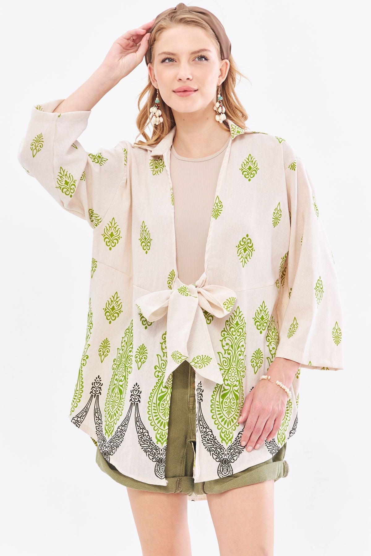 Female peanut green patterned linen-looking skirt with aqueous front kimono shirt ARM-24Y001092